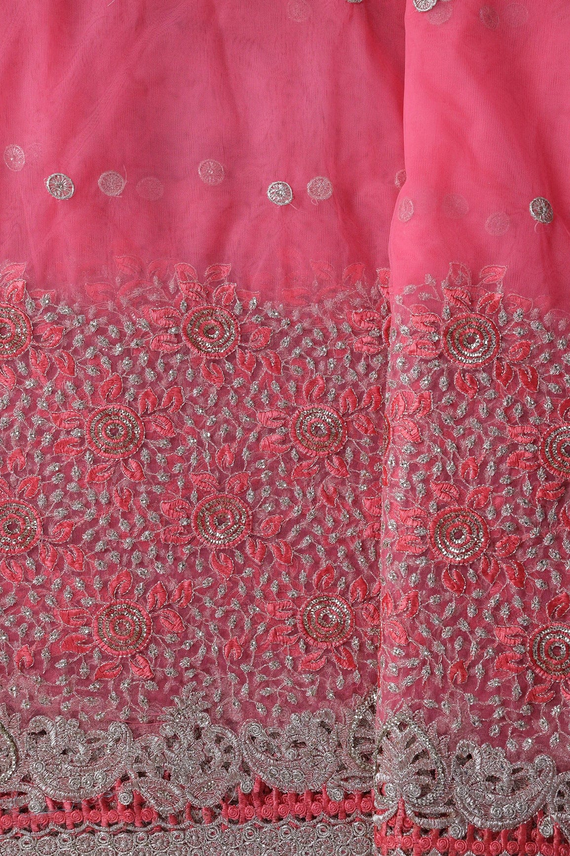 Big Width''56'' Gajri Pink Thread With Zari Floral Embroidery Work On Gajri Pink Soft Net Fabric With Border - doeraa