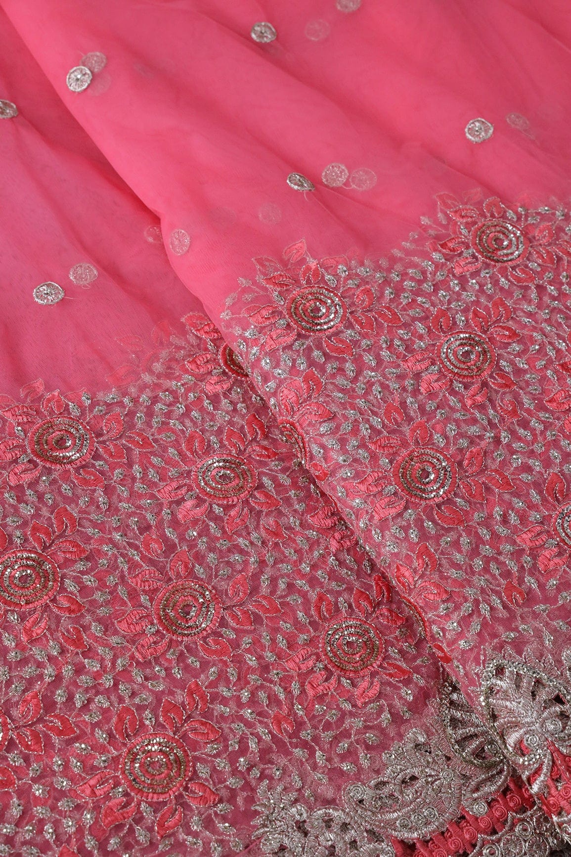 Big Width''56'' Gajri Pink Thread With Zari Floral Embroidery Work On Gajri Pink Soft Net Fabric With Border - doeraa