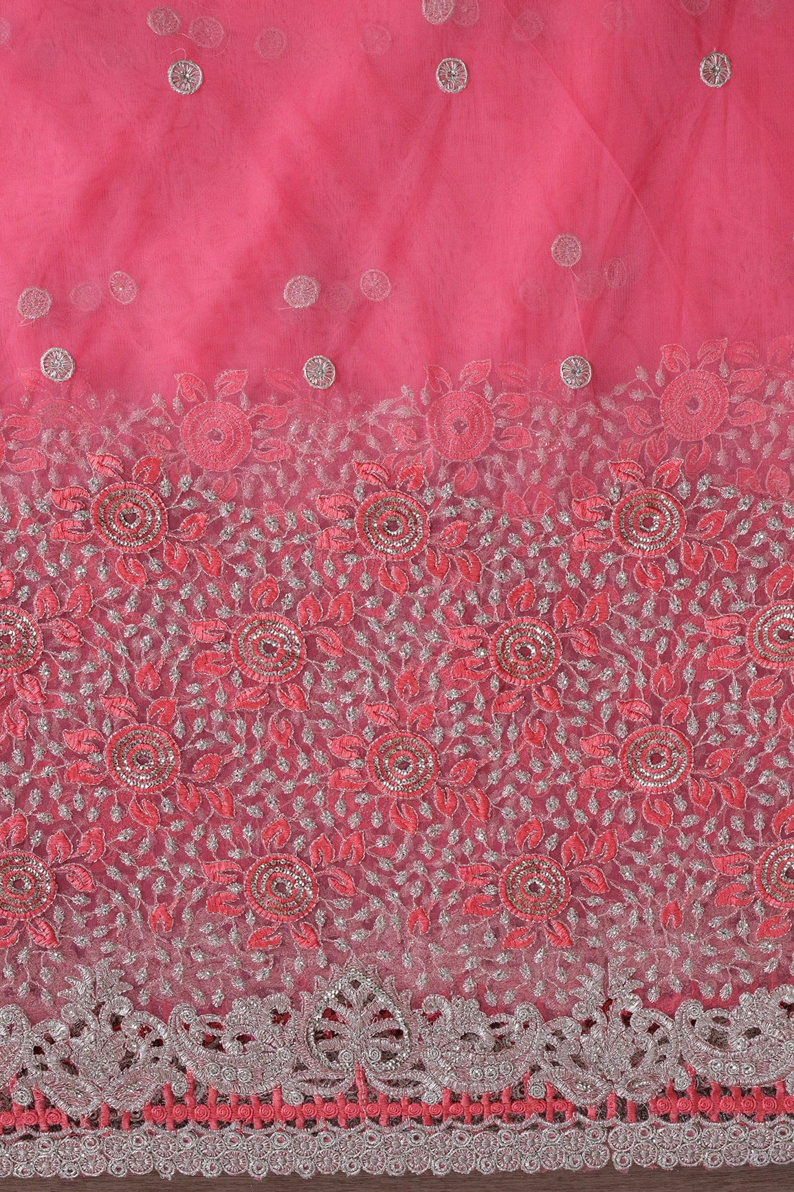 Big Width''56'' Gajri Pink Thread With Zari Floral Embroidery Work On Gajri Pink Soft Net Fabric With Border - doeraa