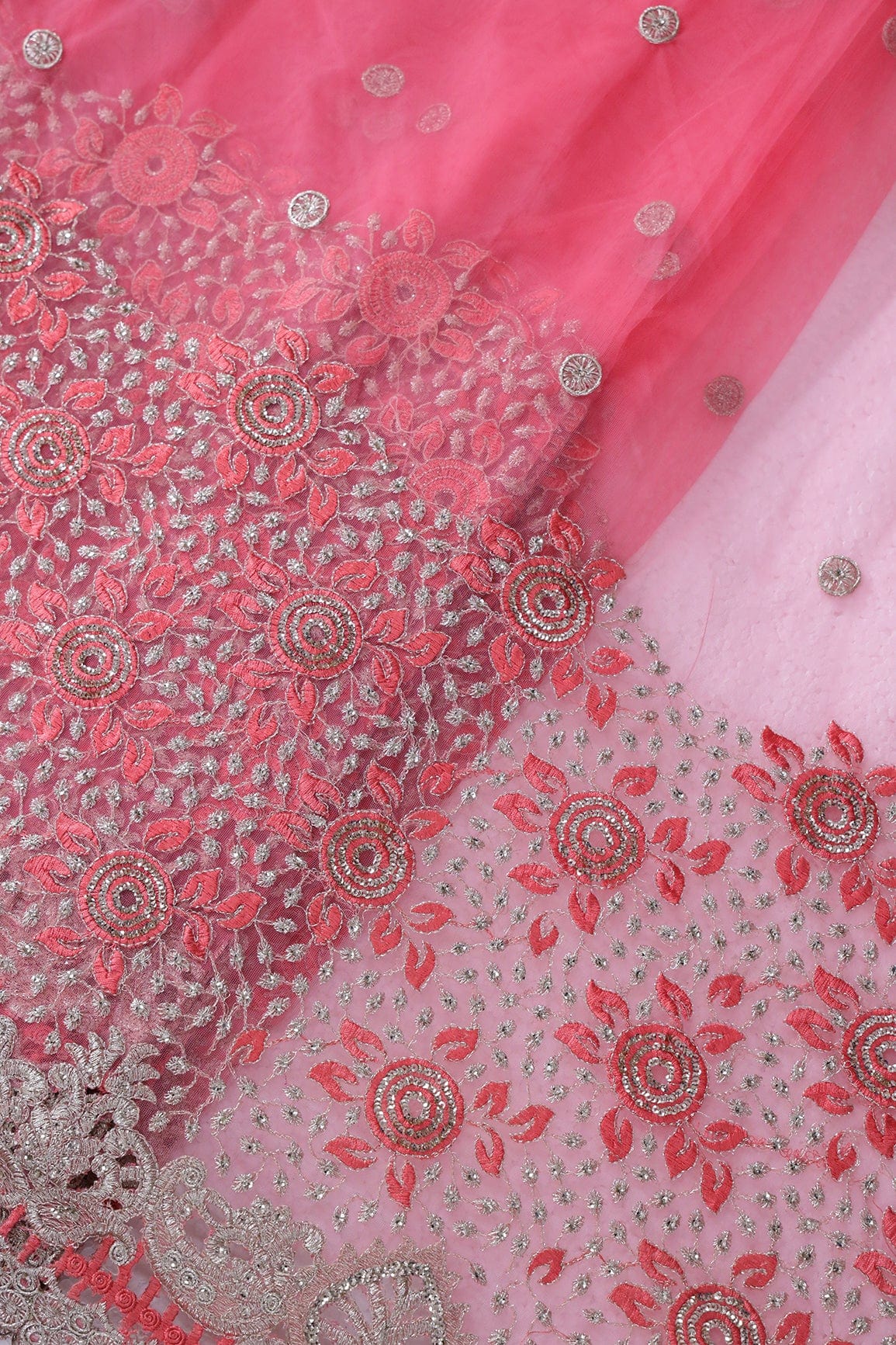 Big Width''56'' Gajri Pink Thread With Zari Floral Embroidery Work On Gajri Pink Soft Net Fabric With Border - doeraa