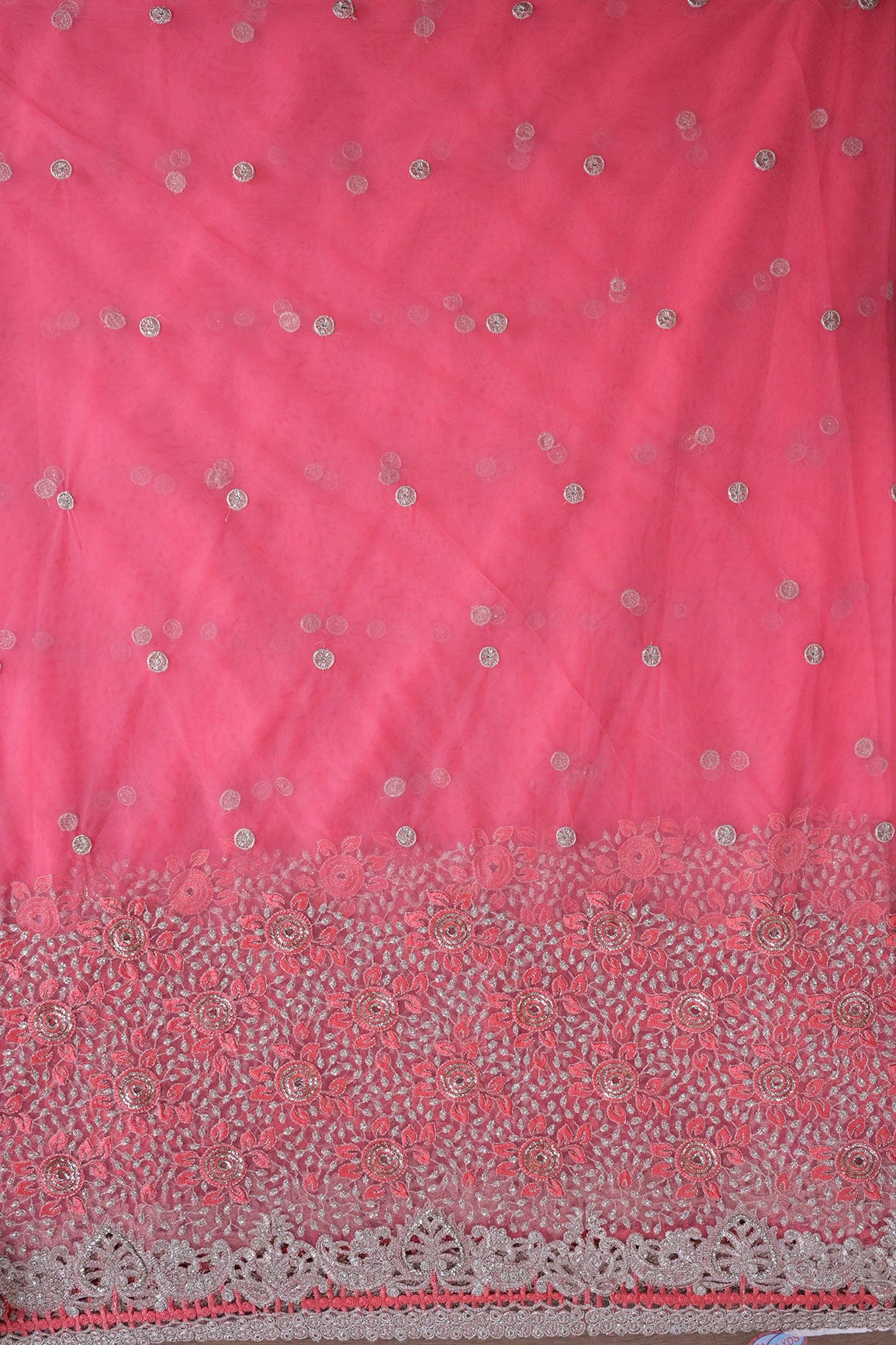 Big Width''56'' Gajri Pink Thread With Zari Floral Embroidery Work On Gajri Pink Soft Net Fabric With Border - doeraa