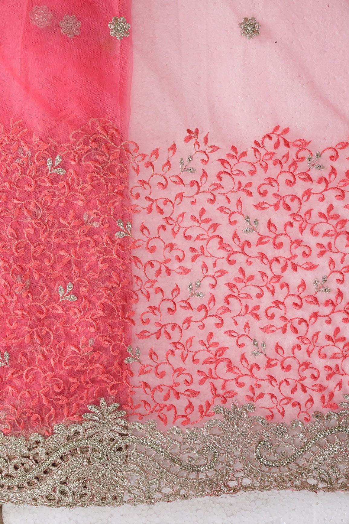 Big Width''56'' Gajri Pink Thread With Zari Leafy Embroidery Work On Gajri Pink Soft Net Fabric With Border - doeraa