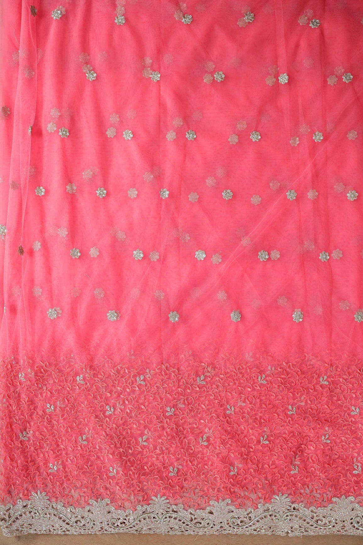 Big Width''56'' Gajri Pink Thread With Zari Leafy Embroidery Work On Gajri Pink Soft Net Fabric With Border - doeraa