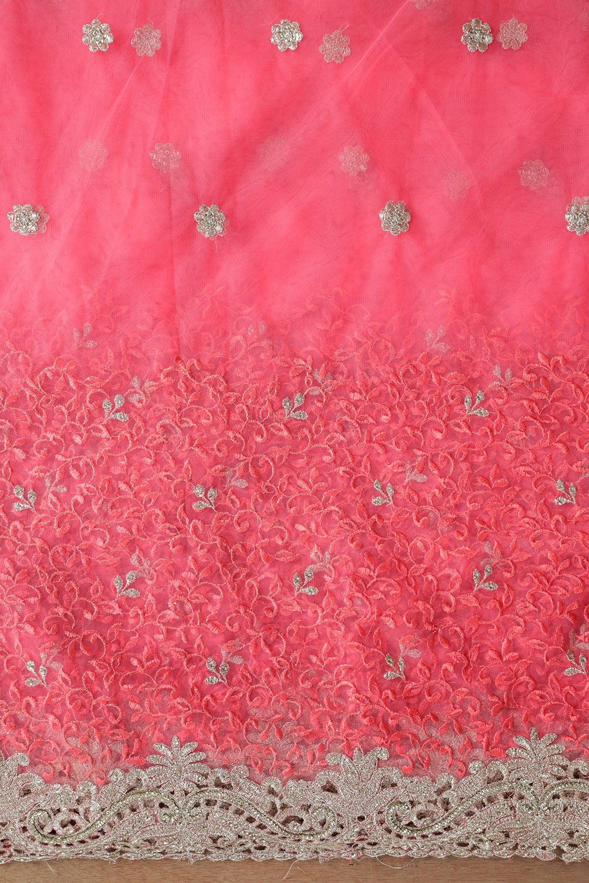 Big Width''56'' Gajri Pink Thread With Zari Leafy Embroidery Work On Gajri Pink Soft Net Fabric With Border - doeraa