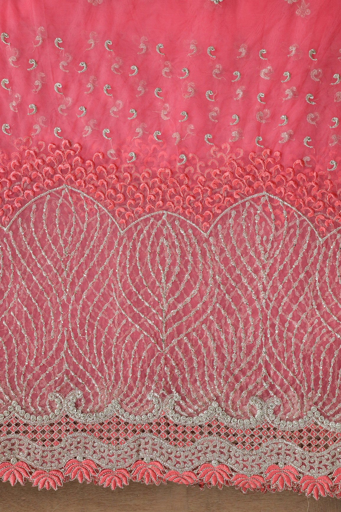 Big Width''56'' Gajri Pink Thread With Zari Traditional Embroidery Work On Gajri Pink Soft Net Fabric With Border - doeraa