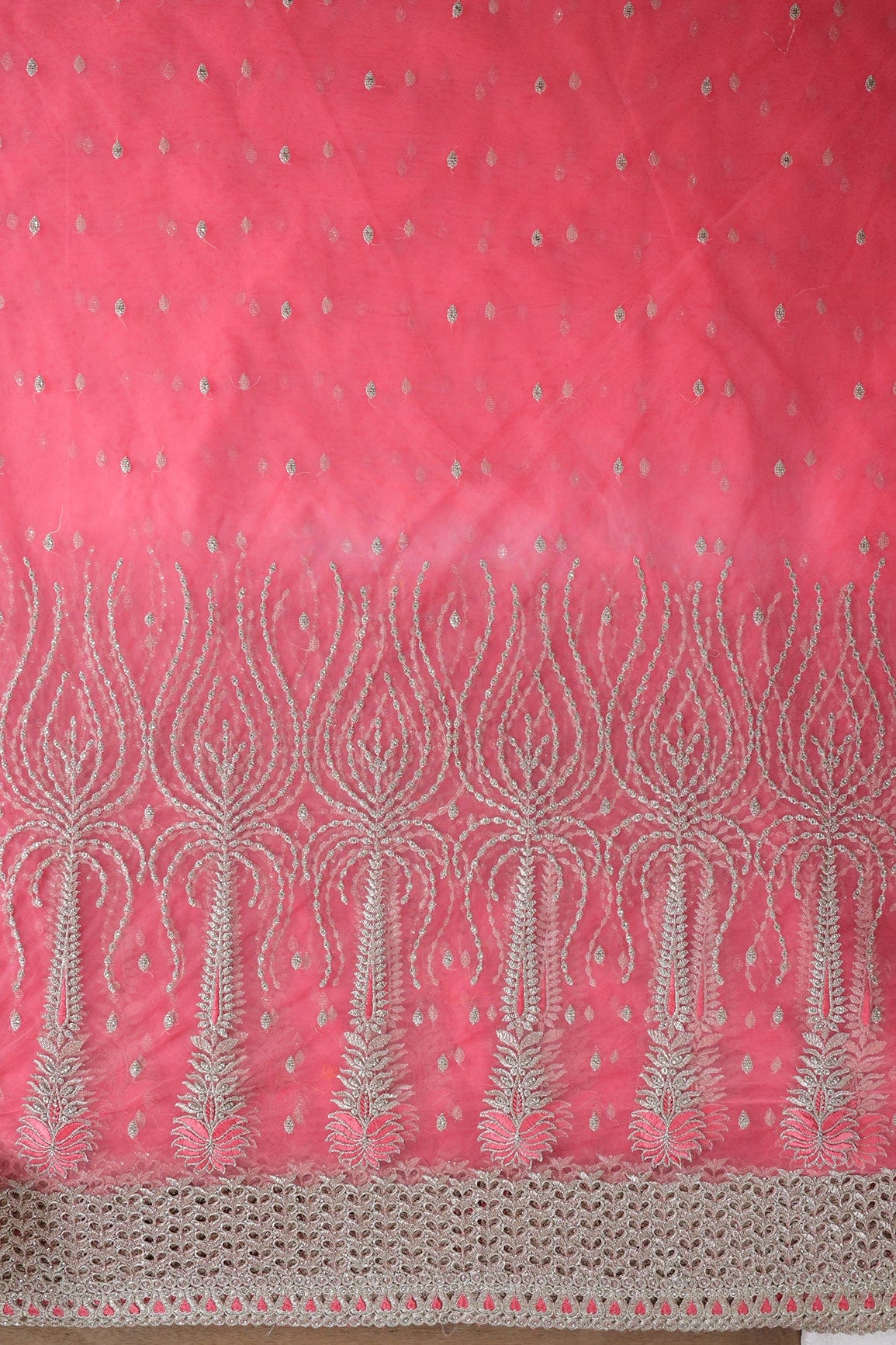 Big Width''56'' Gajri Pink Thread With Zari Traditional Embroidery Work On Gajri Pink Soft Net Fabric With Border - doeraa