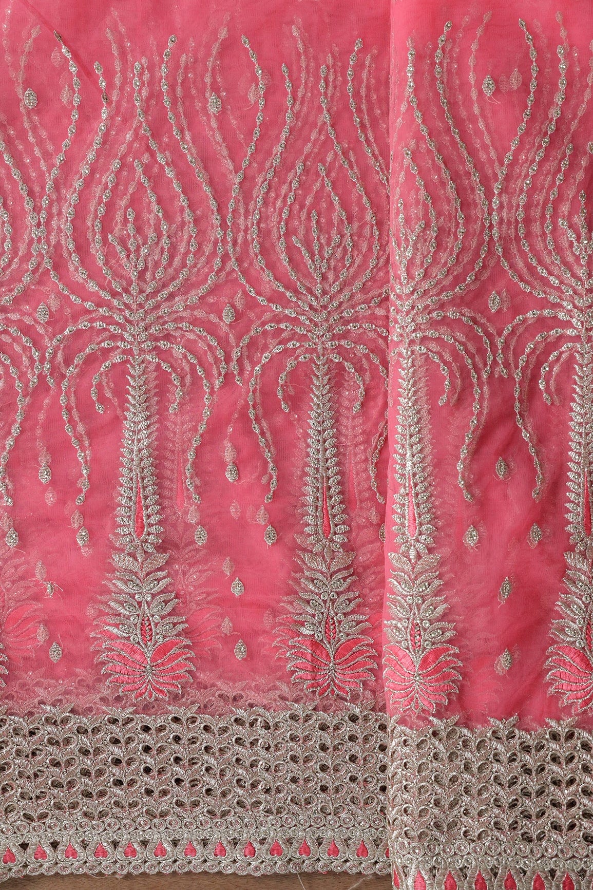 Big Width''56'' Gajri Pink Thread With Zari Traditional Embroidery Work On Gajri Pink Soft Net Fabric With Border - doeraa