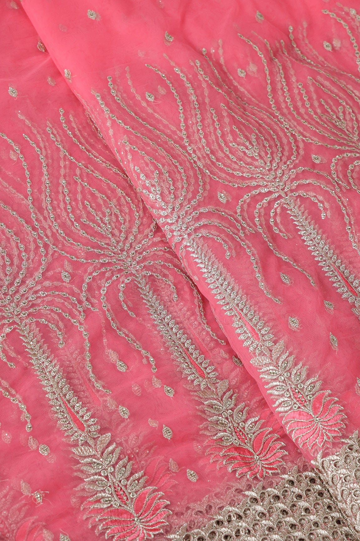 Big Width''56'' Gajri Pink Thread With Zari Traditional Embroidery Work On Gajri Pink Soft Net Fabric With Border - doeraa