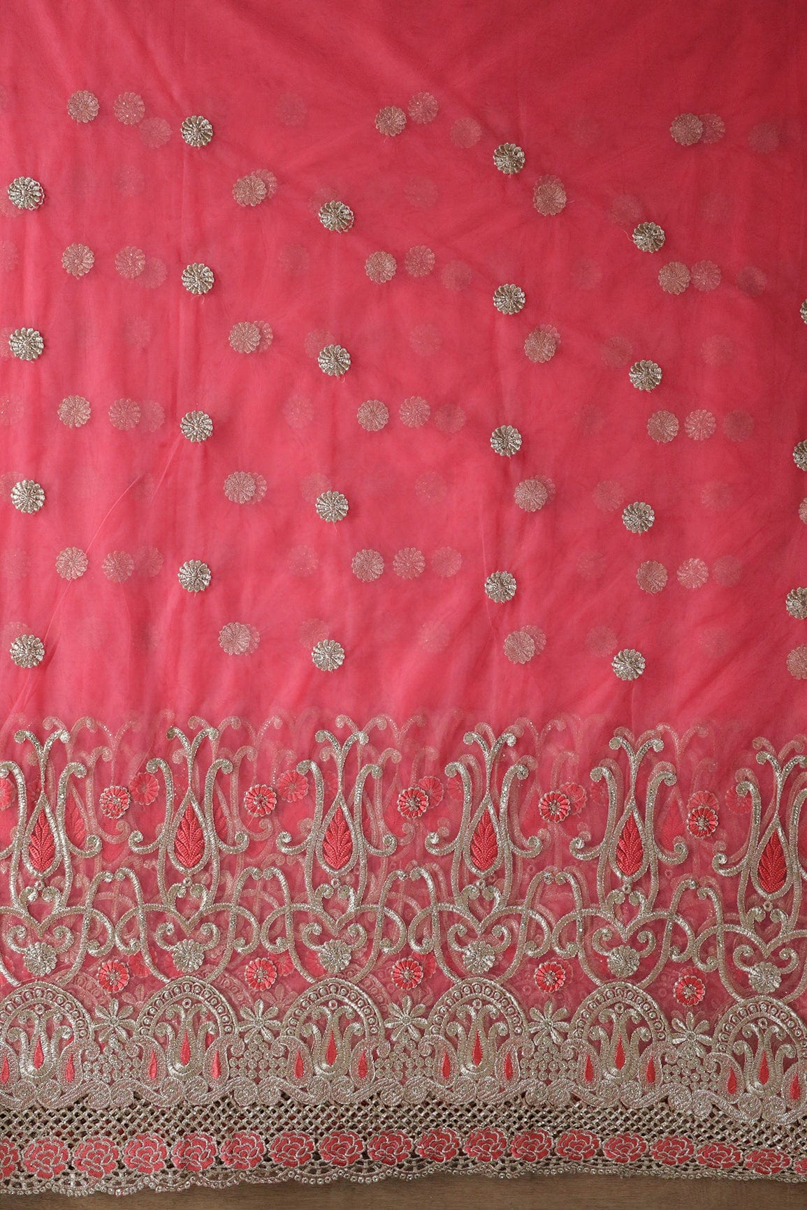 Big Width''56'' Gajri Pink Thread With Zari Traditional Embroidery Work On Gajri Pink Soft Net Fabric With Border - doeraa