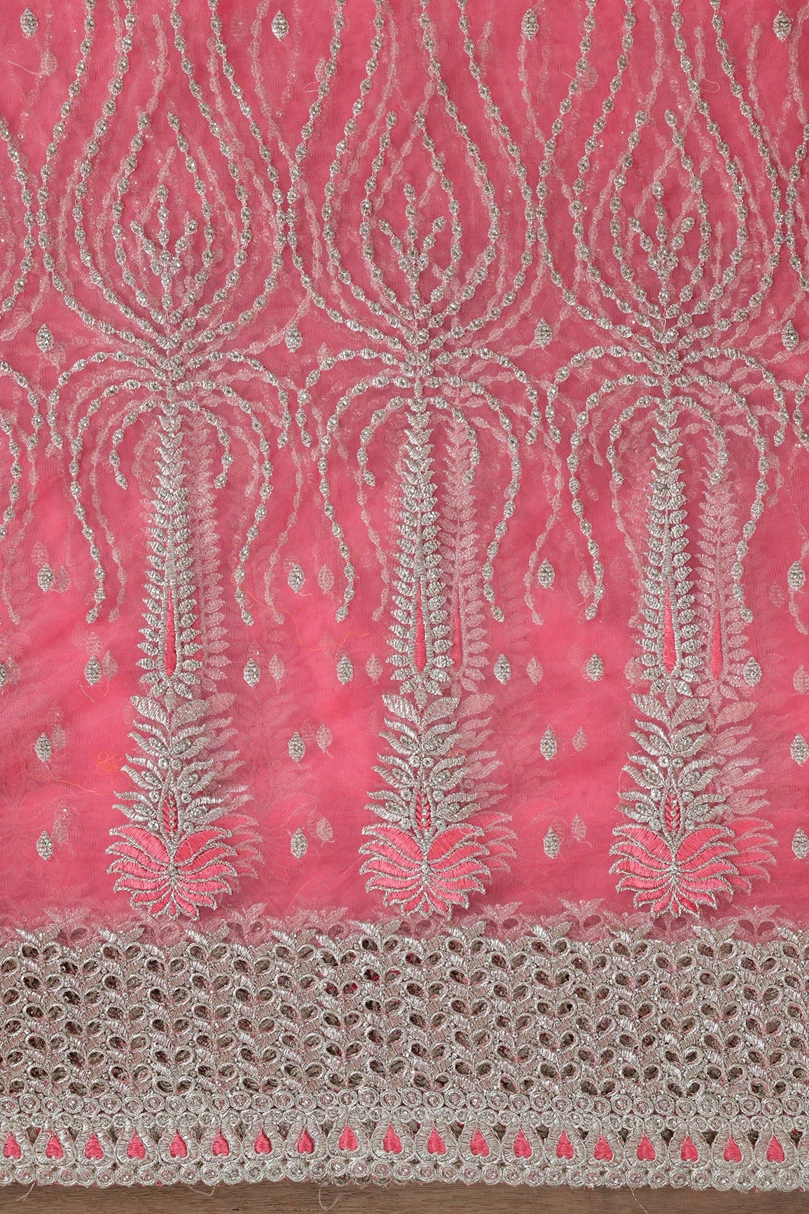 Big Width''56'' Gajri Pink Thread With Zari Traditional Embroidery Work On Gajri Pink Soft Net Fabric With Border - doeraa