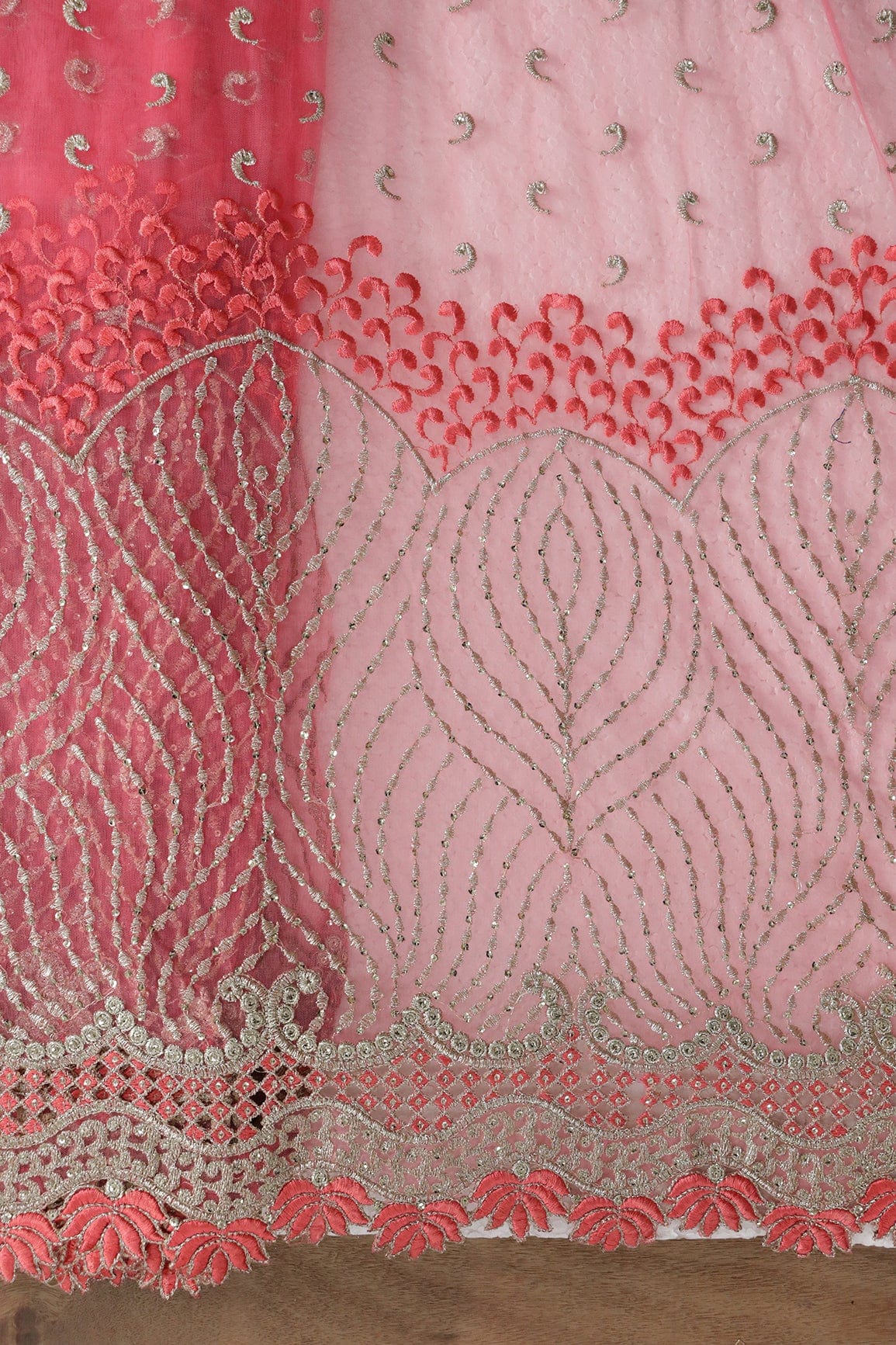 Big Width''56'' Gajri Pink Thread With Zari Traditional Embroidery Work On Gajri Pink Soft Net Fabric With Border - doeraa