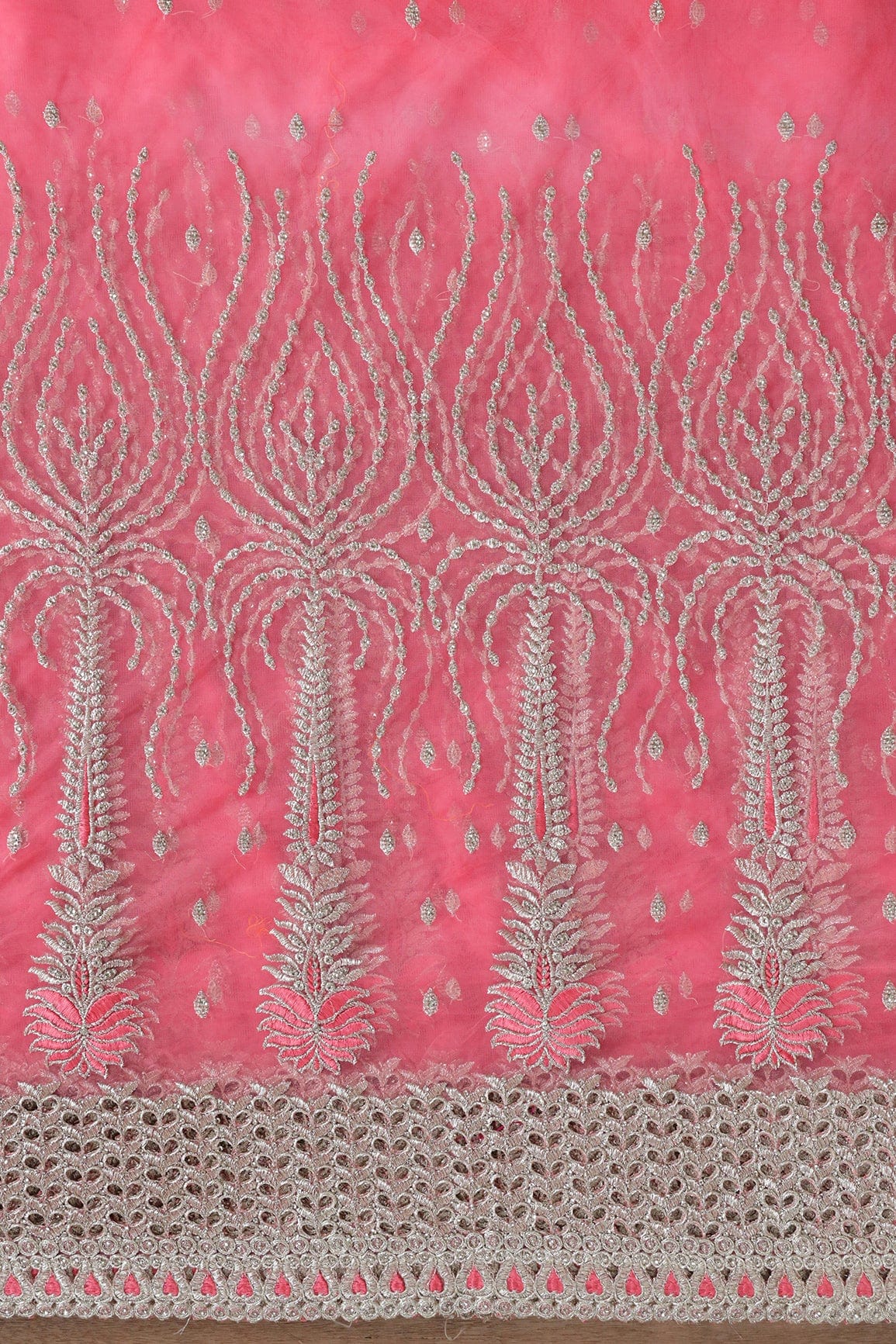 Big Width''56'' Gajri Pink Thread With Zari Traditional Embroidery Work On Gajri Pink Soft Net Fabric With Border - doeraa