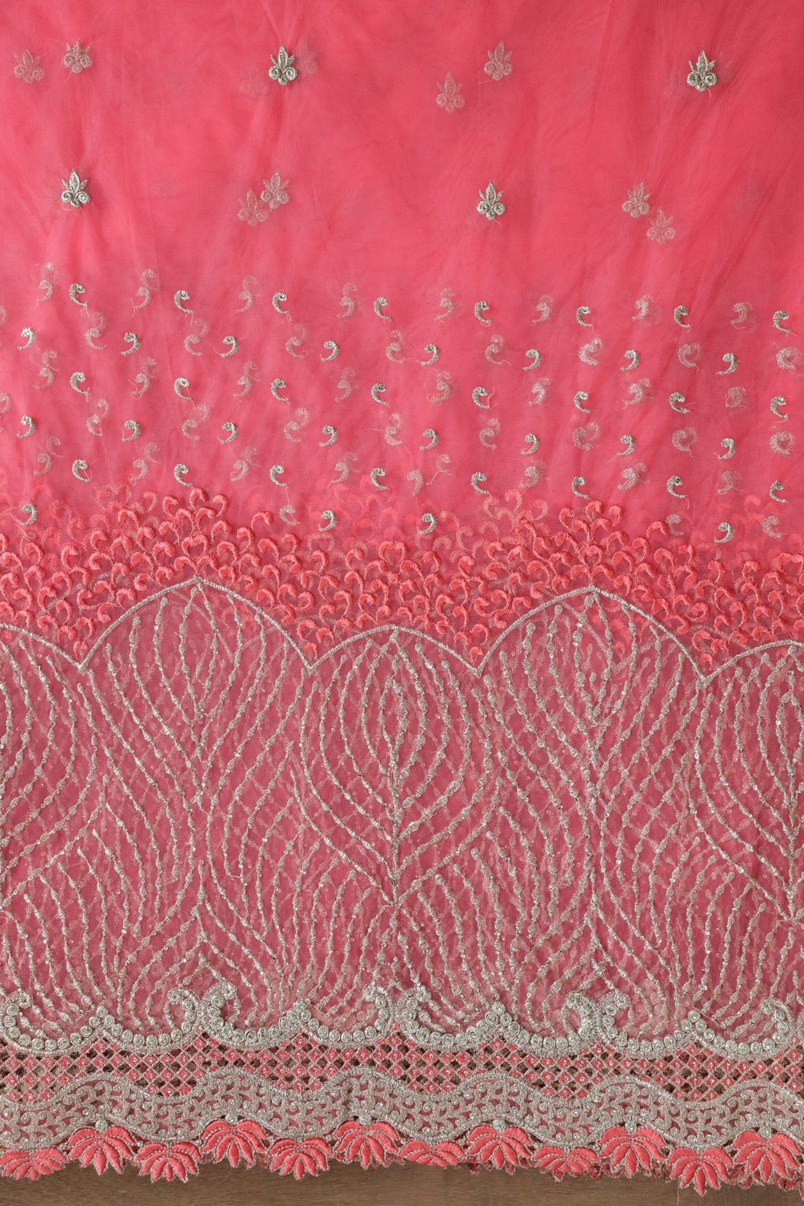 Big Width''56'' Gajri Pink Thread With Zari Traditional Embroidery Work On Gajri Pink Soft Net Fabric With Border - doeraa