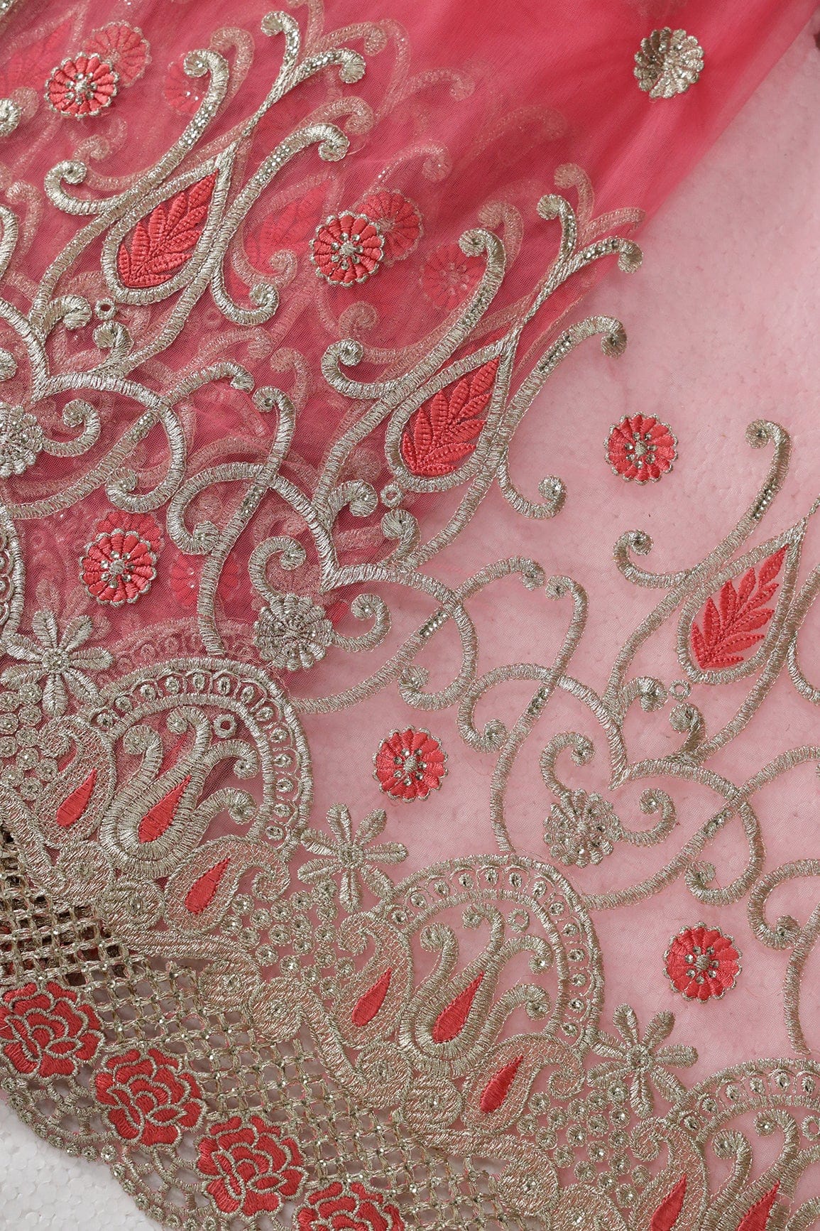 Big Width''56'' Gajri Pink Thread With Zari Traditional Embroidery Work On Gajri Pink Soft Net Fabric With Border - doeraa
