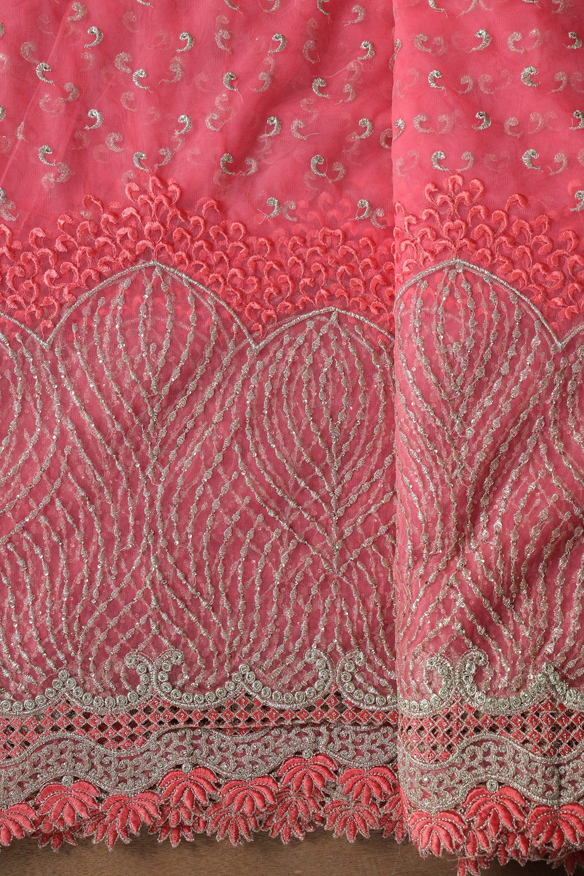 Big Width''56'' Gajri Pink Thread With Zari Traditional Embroidery Work On Gajri Pink Soft Net Fabric With Border - doeraa