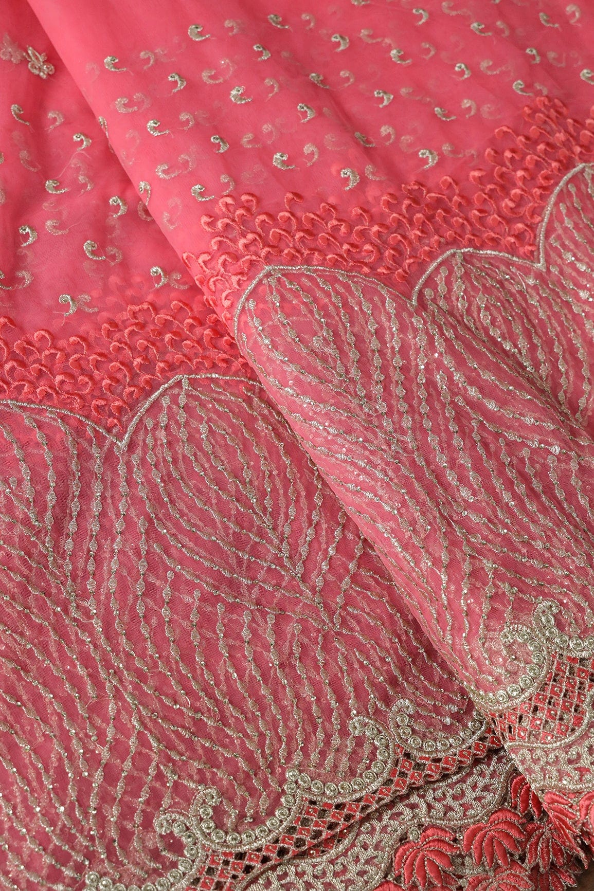 Big Width''56'' Gajri Pink Thread With Zari Traditional Embroidery Work On Gajri Pink Soft Net Fabric With Border - doeraa