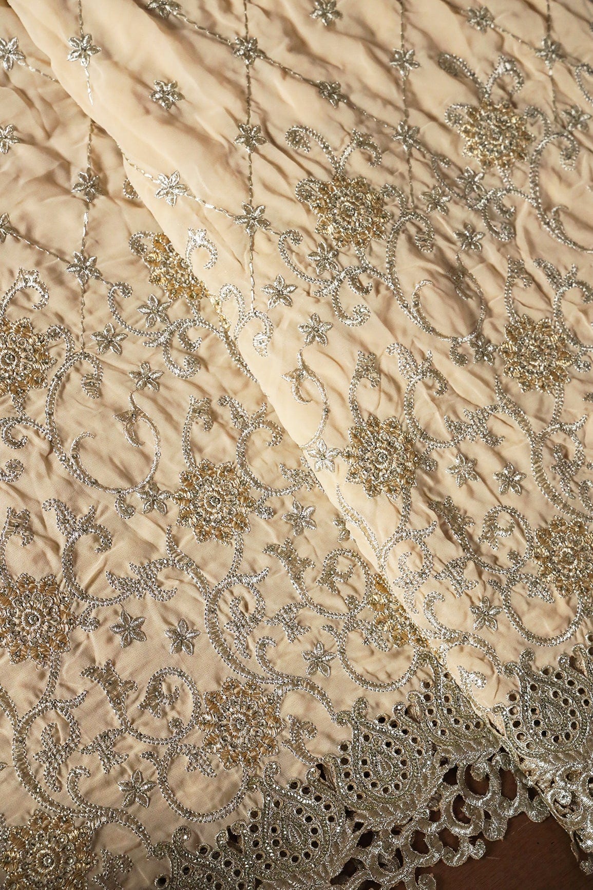 Big Width''56'' Gold And Silver Zari Floral Embroidery Work On Beige Georgette Fabric With Border - doeraa