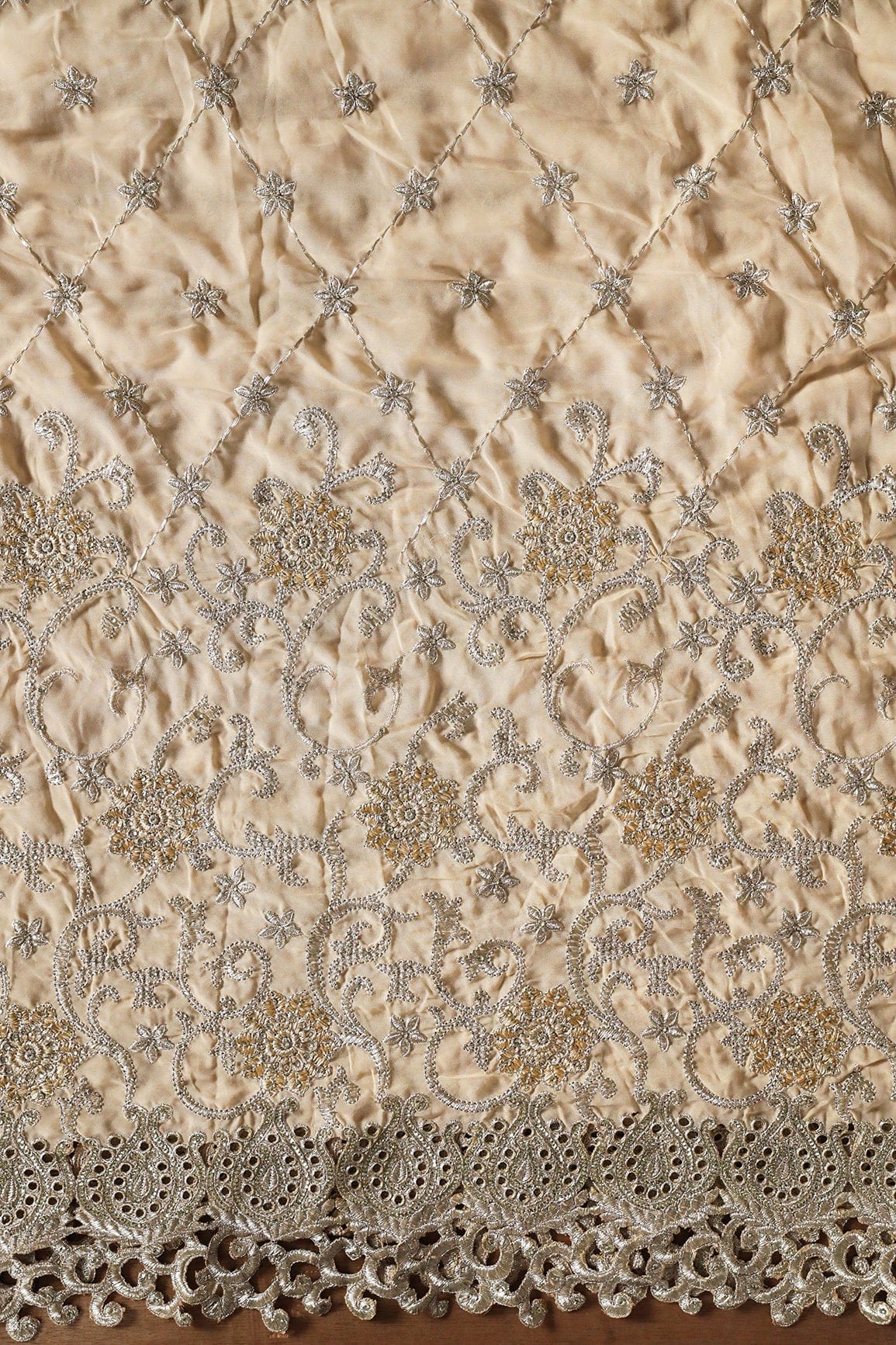 Big Width''56'' Gold And Silver Zari Floral Embroidery Work On Beige Georgette Fabric With Border - doeraa