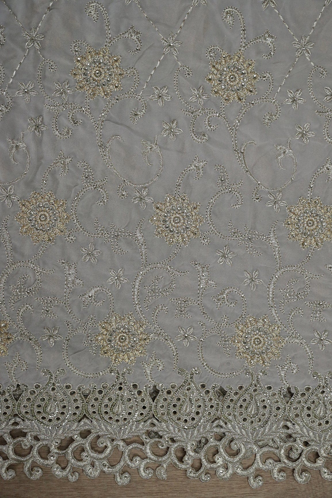 Big Width''56'' Gold And Silver Zari Floral Embroidery Work On Grey Georgette Fabric With Border - doeraa