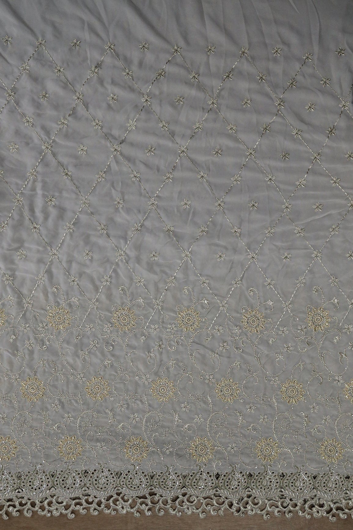 Big Width''56'' Gold And Silver Zari Floral Embroidery Work On Grey Georgette Fabric With Border - doeraa