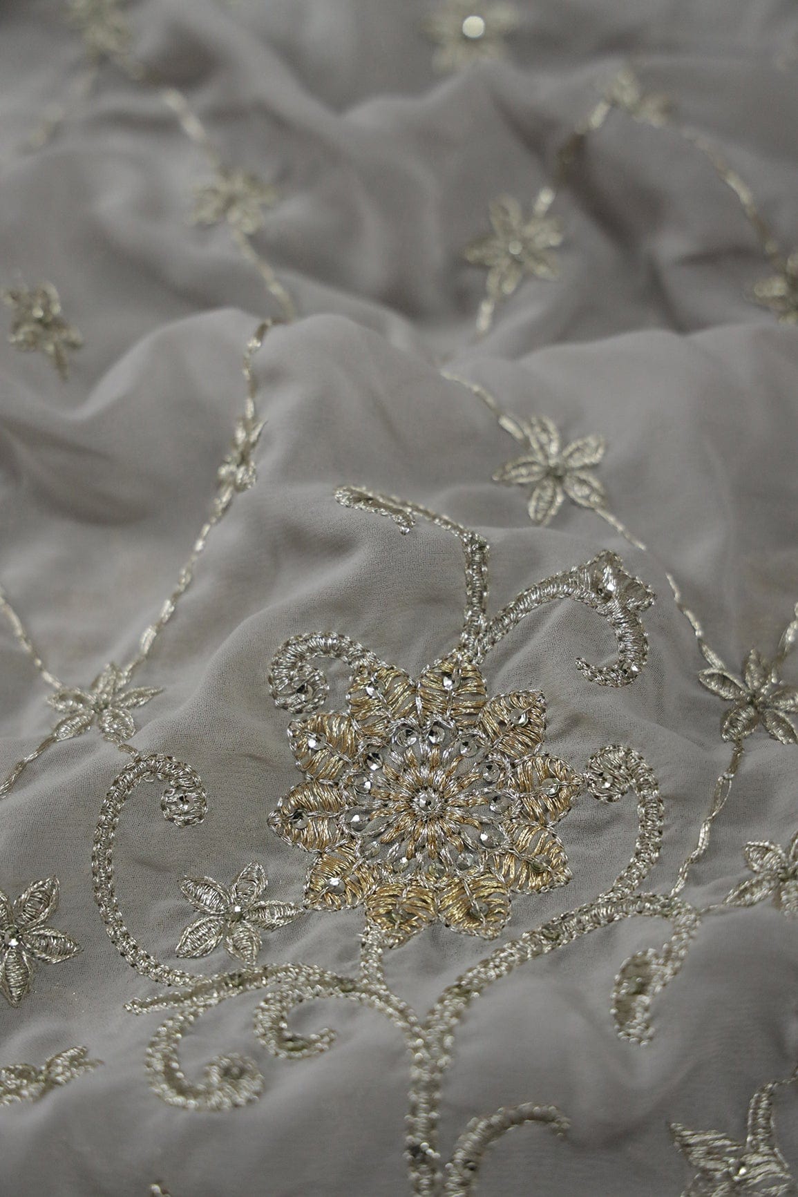 Big Width''56'' Gold And Silver Zari Floral Embroidery Work On Grey Georgette Fabric With Border - doeraa