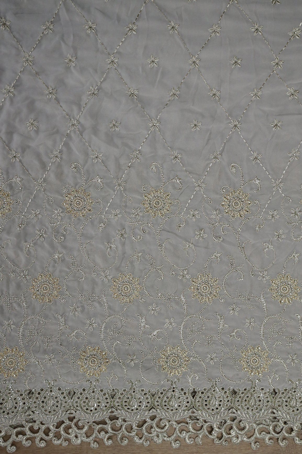 Big Width''56'' Gold And Silver Zari Floral Embroidery Work On Grey Georgette Fabric With Border - doeraa