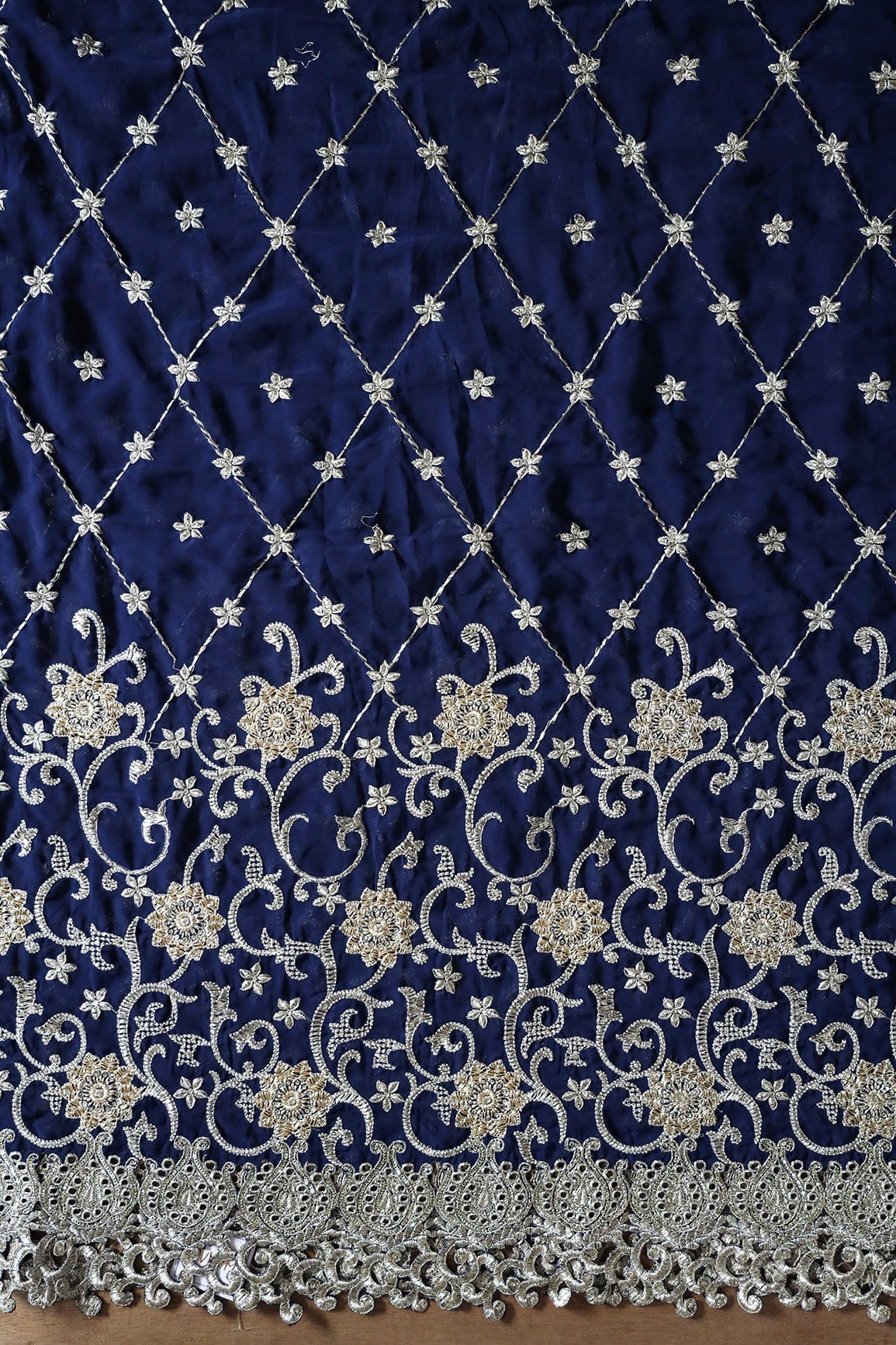 Big Width''56'' Gold And Silver Zari Floral Embroidery Work On Navy Blue Georgette Fabric With Border - doeraa