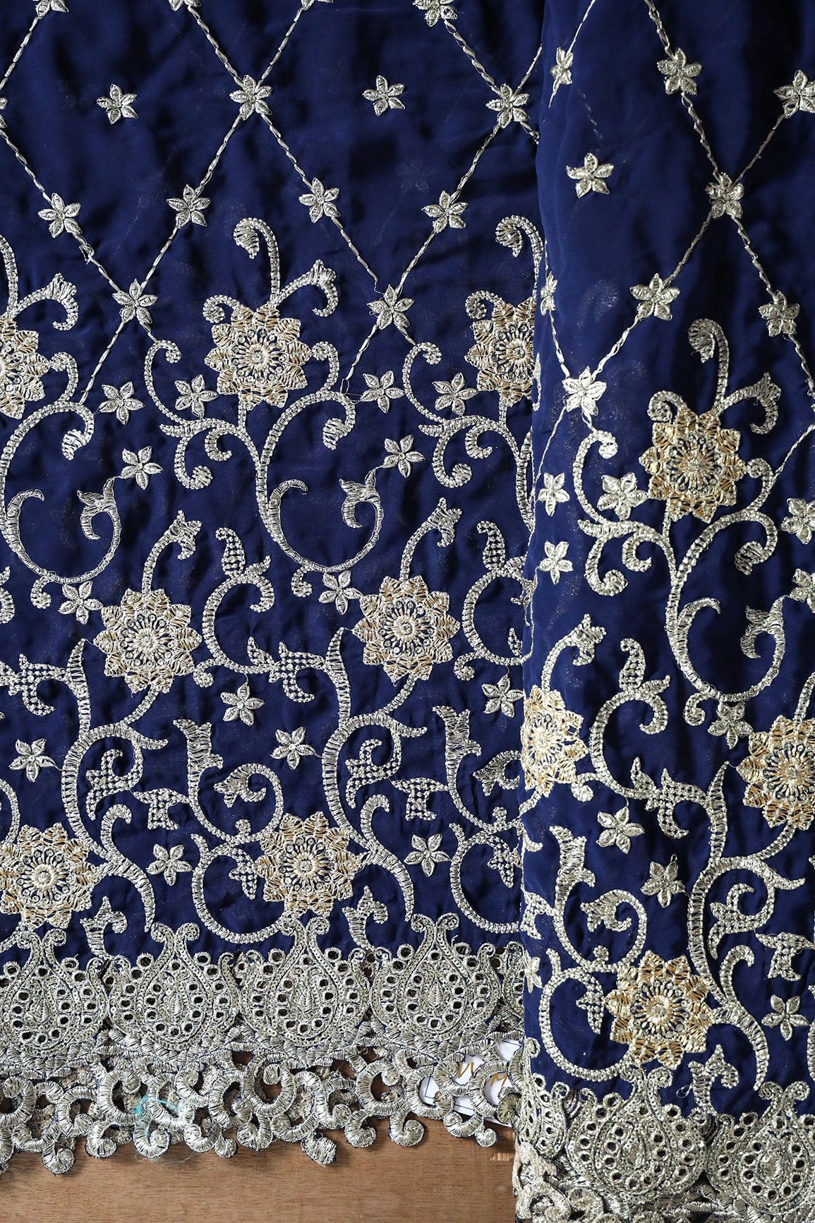 Big Width''56'' Gold And Silver Zari Floral Embroidery Work On Navy Blue Georgette Fabric With Border - doeraa