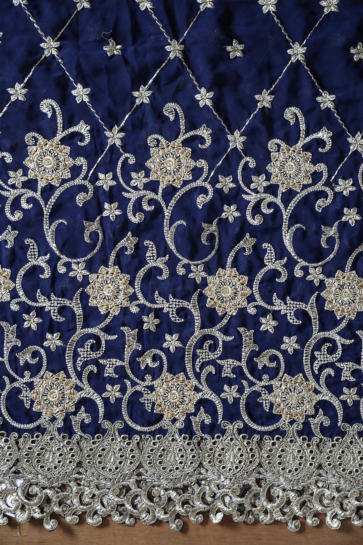 Big Width''56'' Gold And Silver Zari Floral Embroidery Work On Navy Blue Georgette Fabric With Border - doeraa