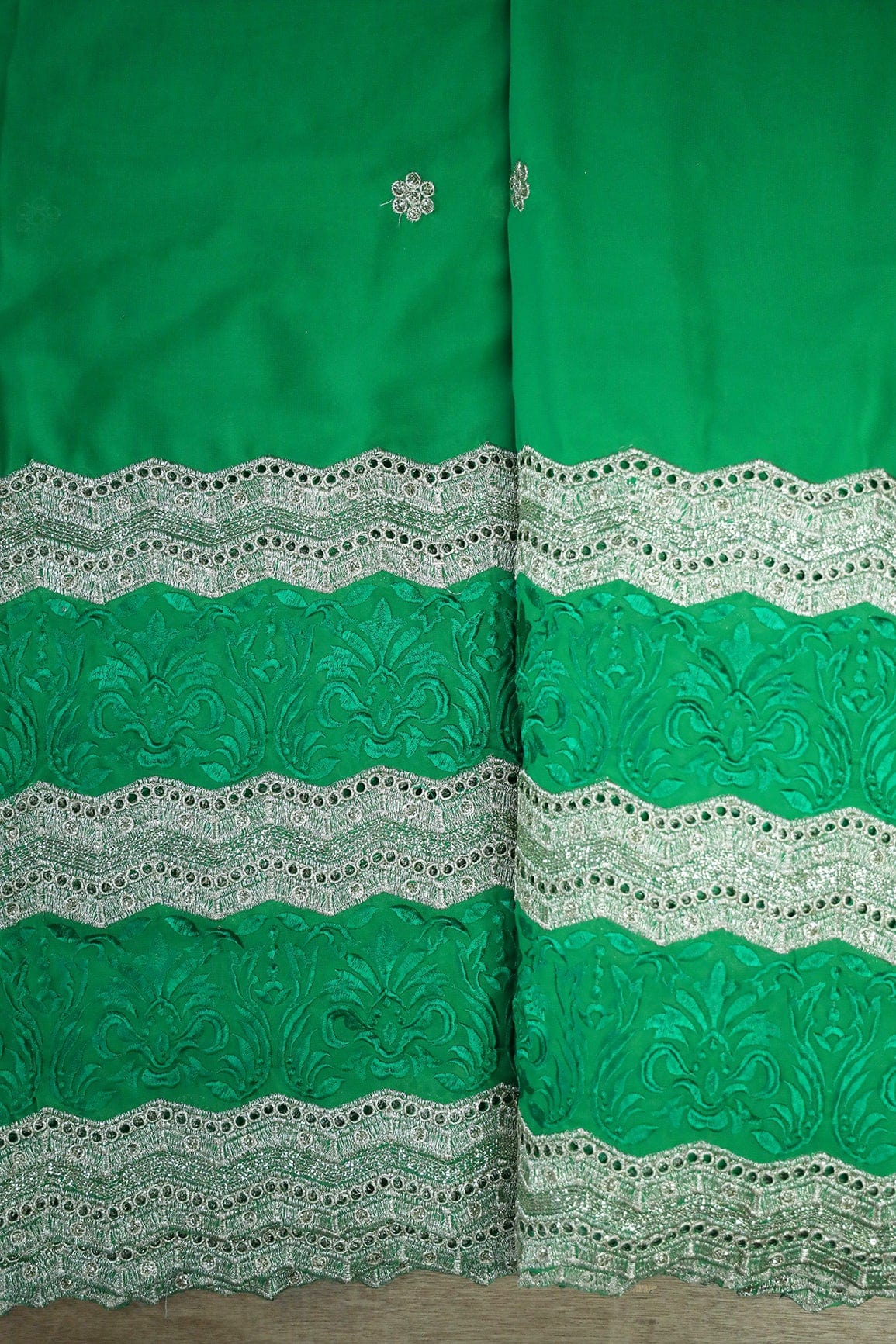Big Width''56'' Green Thread With Zari Ethnic Embroidery Work On Green Georgette Fabric With Border - doeraa