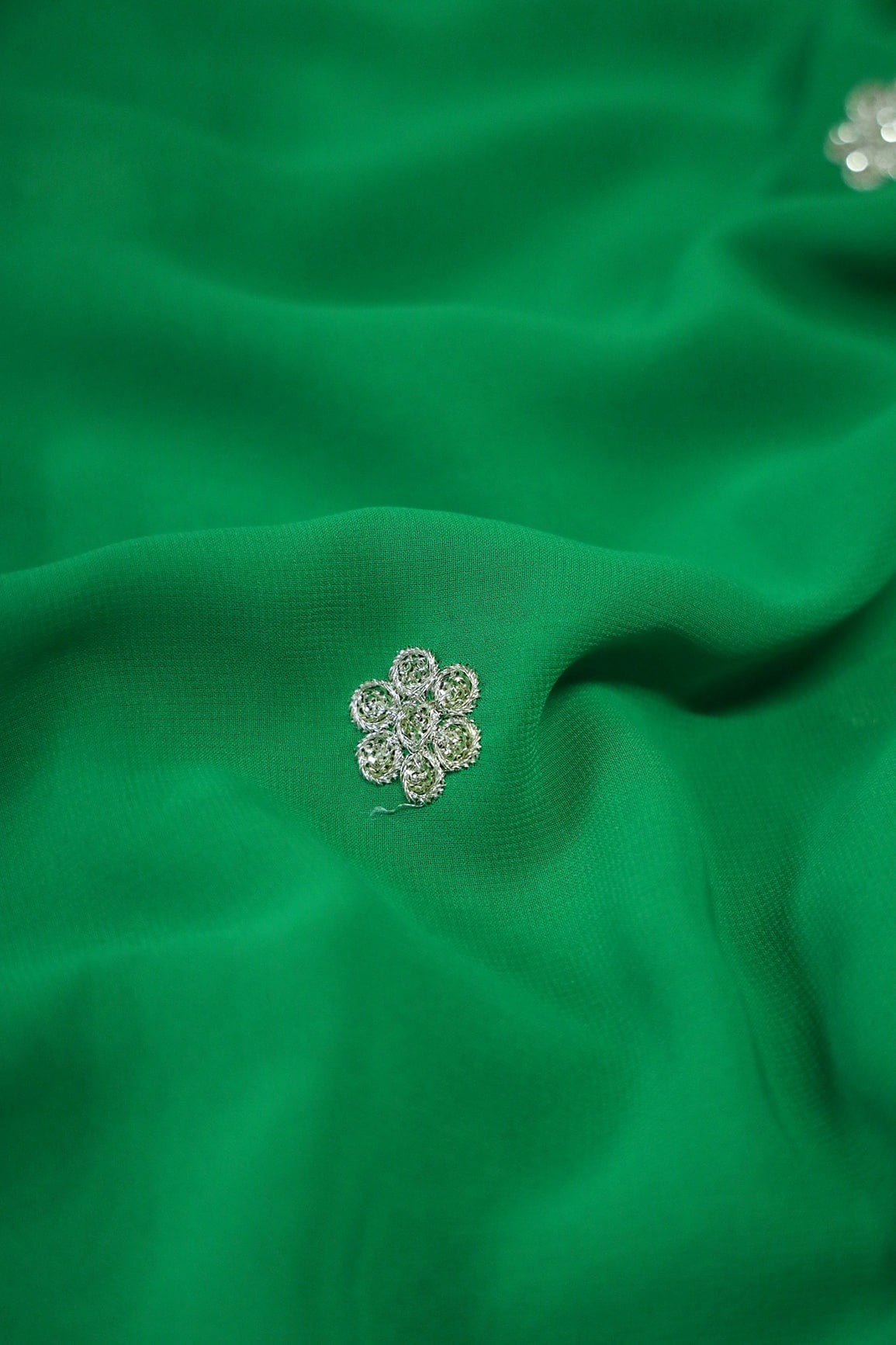 Big Width''56'' Green Thread With Zari Ethnic Embroidery Work On Green Georgette Fabric With Border - doeraa