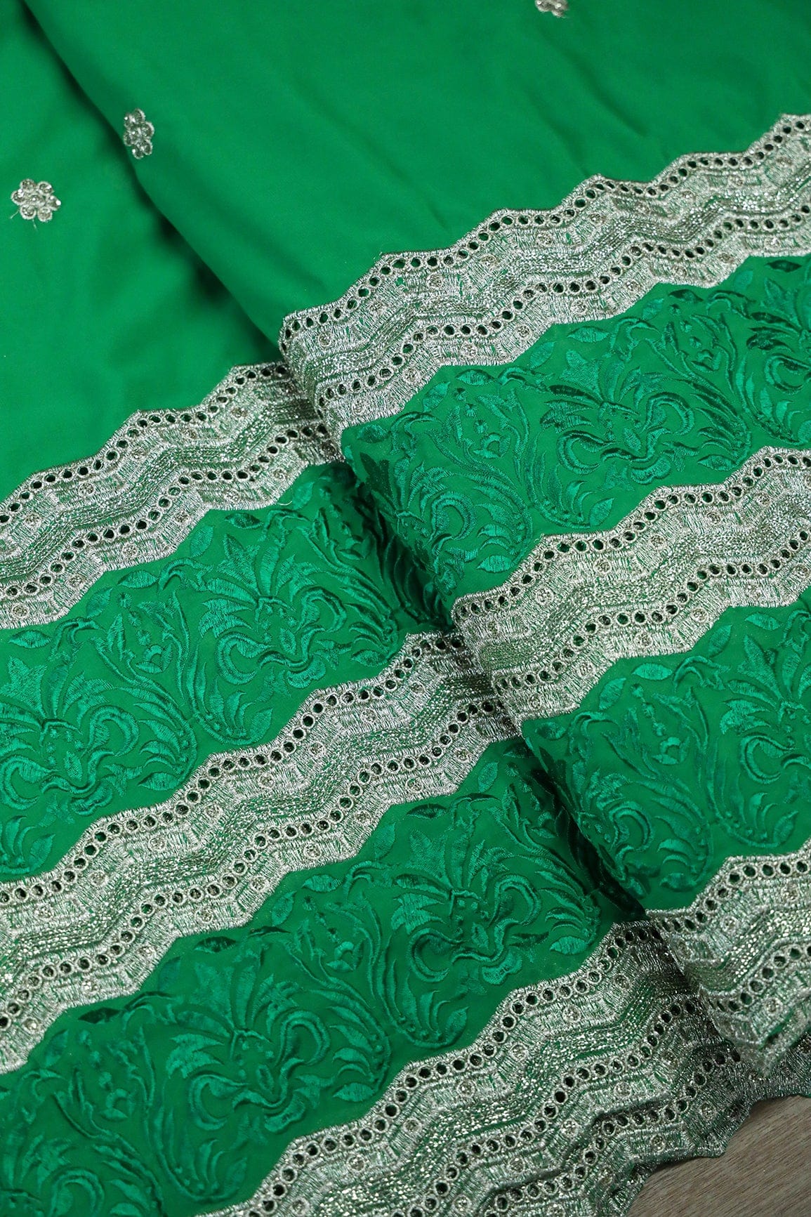 Big Width''56'' Green Thread With Zari Ethnic Embroidery Work On Green Georgette Fabric With Border - doeraa