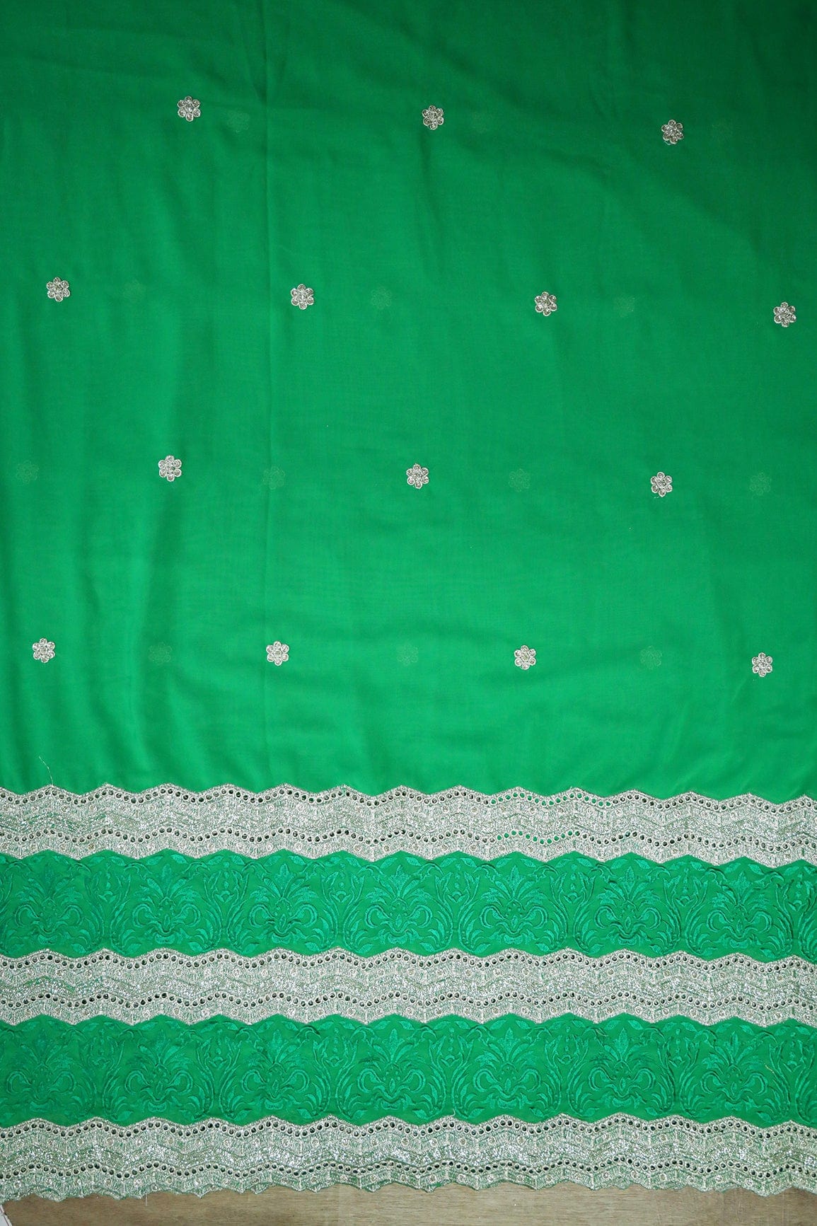 Big Width''56'' Green Thread With Zari Ethnic Embroidery Work On Green Georgette Fabric With Border - doeraa