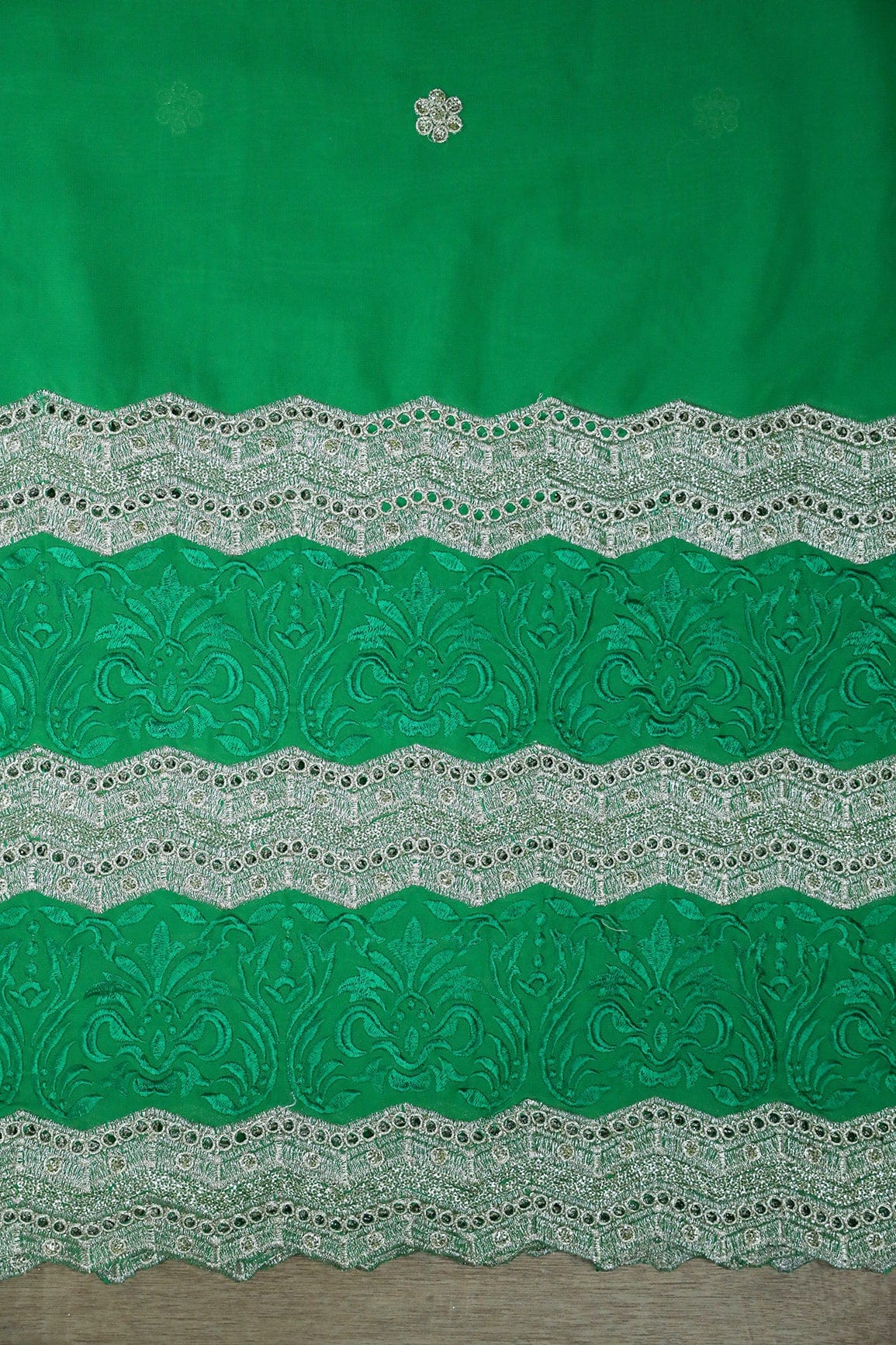 Big Width''56'' Green Thread With Zari Ethnic Embroidery Work On Green Georgette Fabric With Border - doeraa
