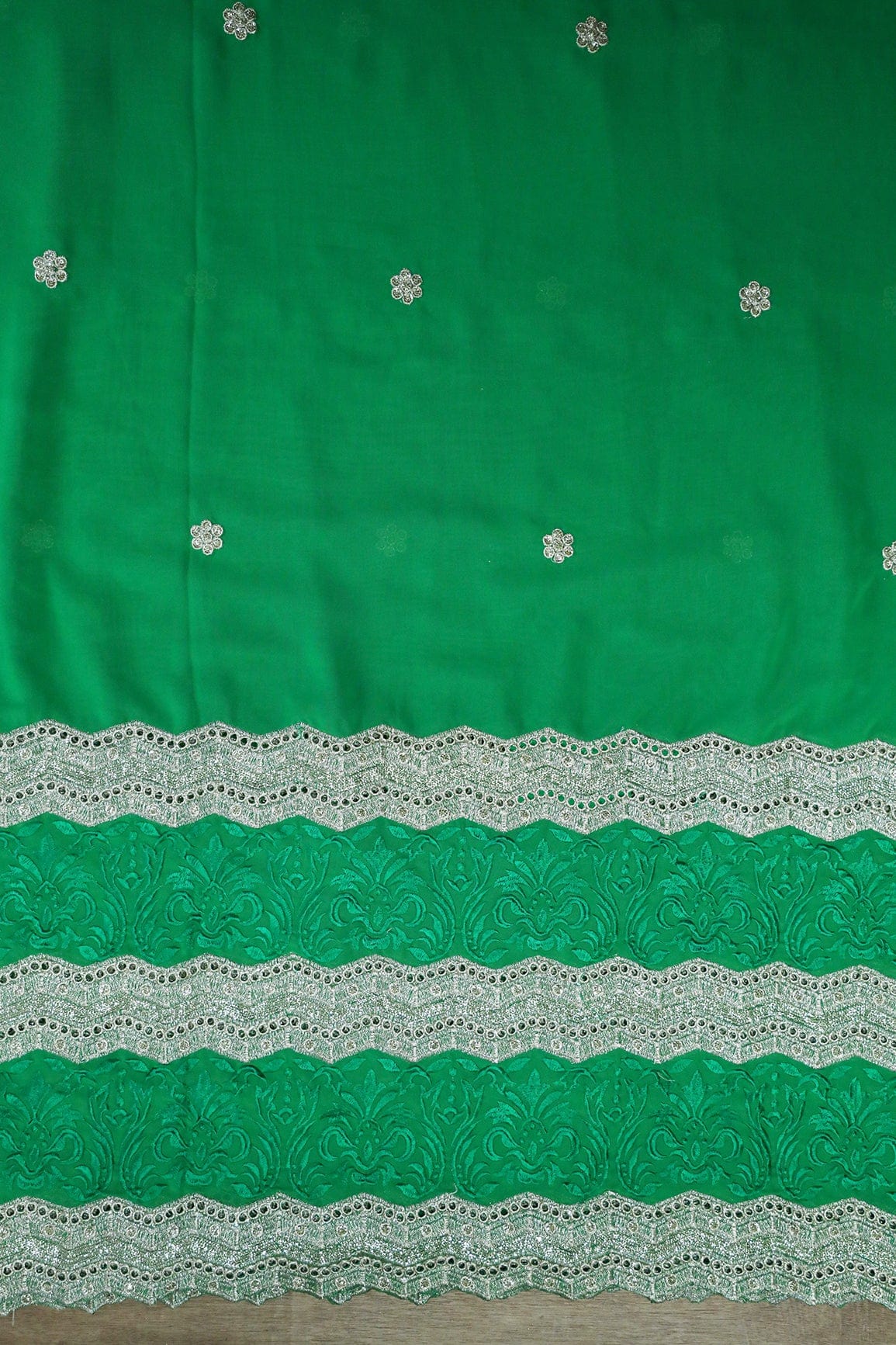 Big Width''56'' Green Thread With Zari Ethnic Embroidery Work On Green Georgette Fabric With Border - doeraa