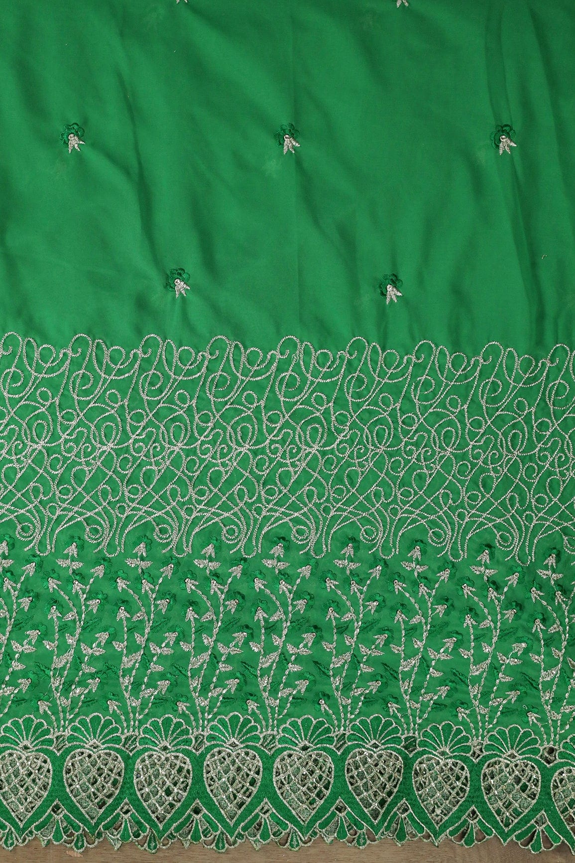 Big Width''56'' Green Thread With Zari Floral Embroidery Work On Green Georgette Fabric With Border - doeraa