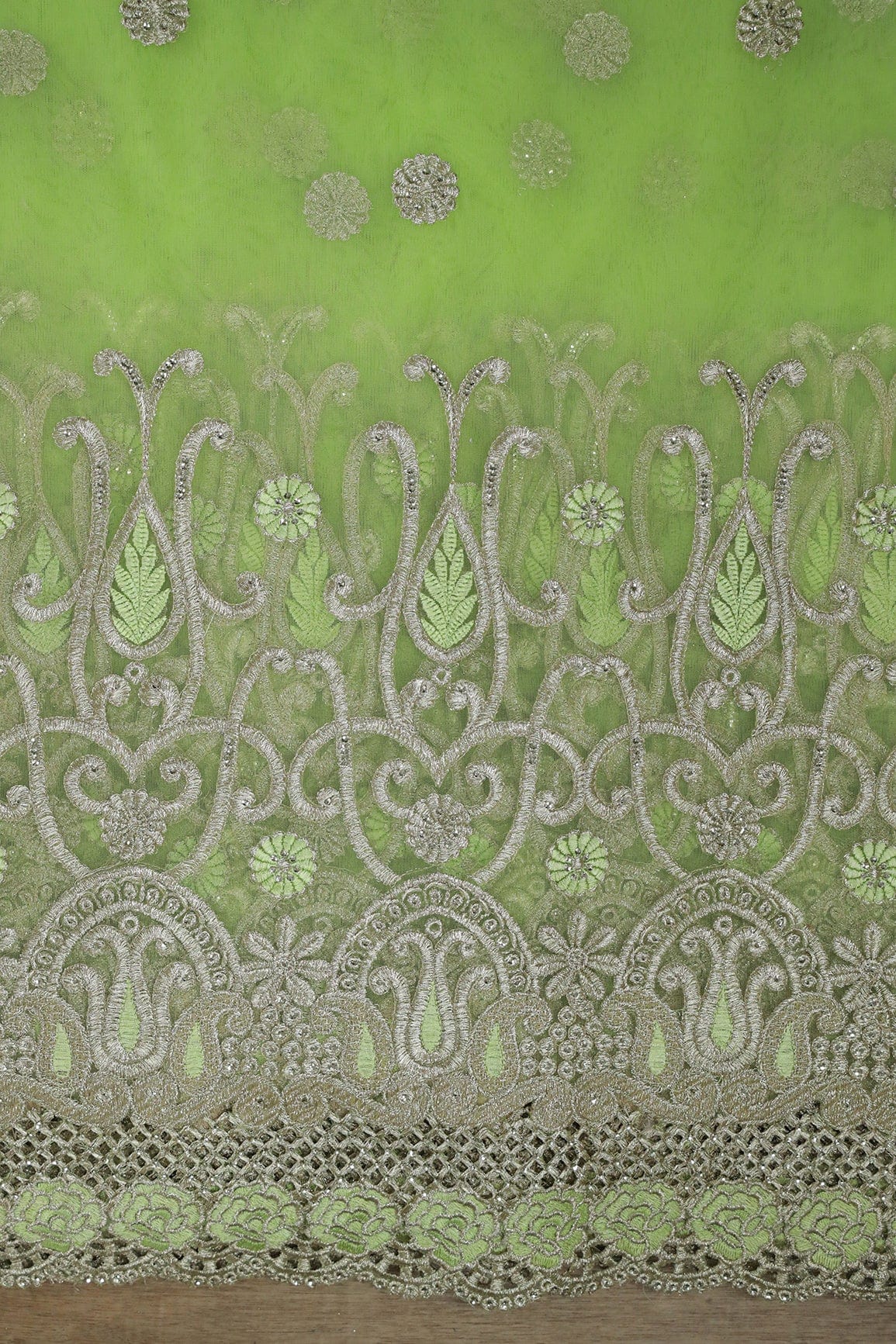 Big Width''56'' Green Thread With Zari Traditional Embroidery Work On Parrot Green Soft Net Fabric With Border - doeraa