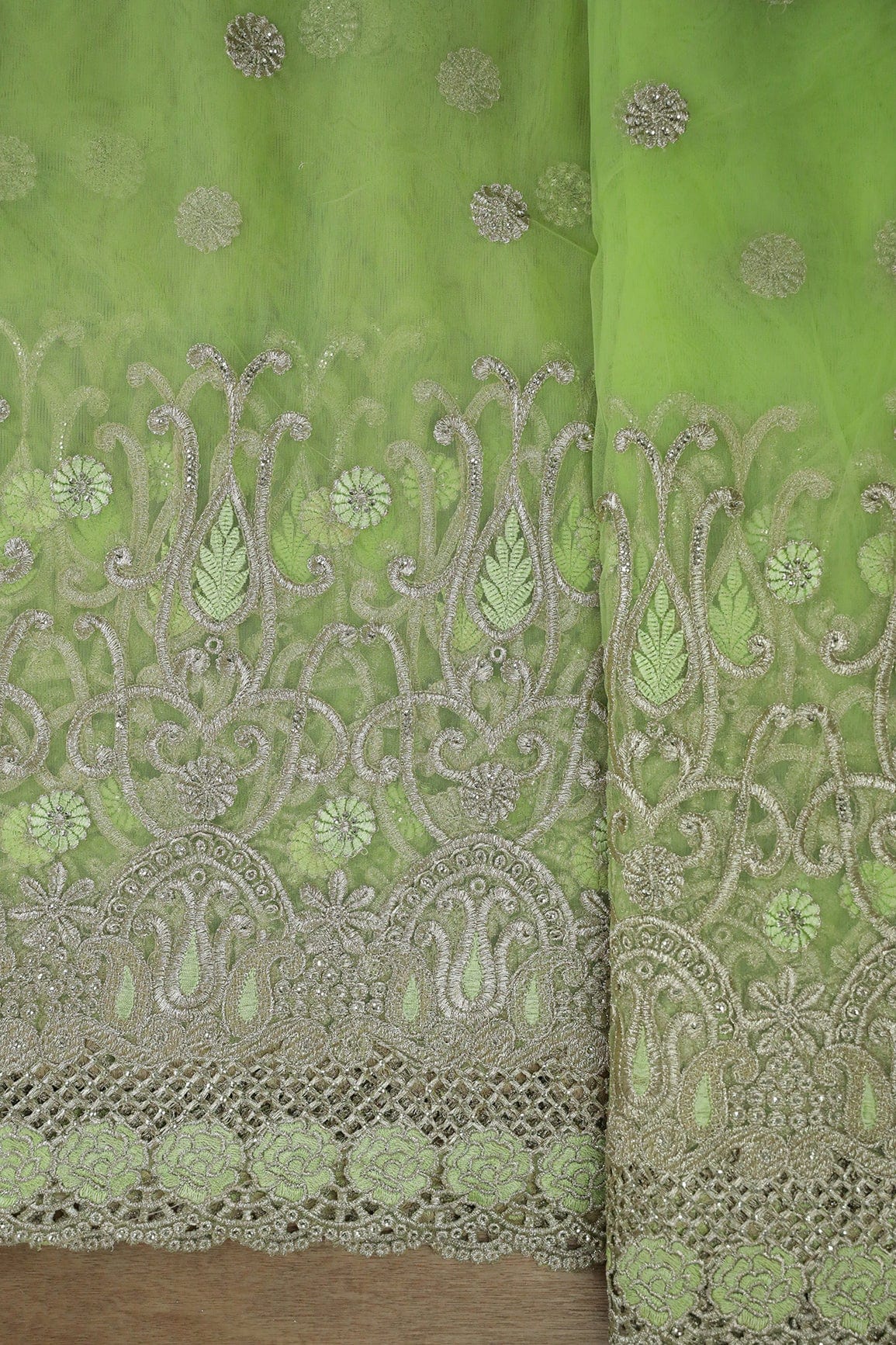 Big Width''56'' Green Thread With Zari Traditional Embroidery Work On Parrot Green Soft Net Fabric With Border - doeraa