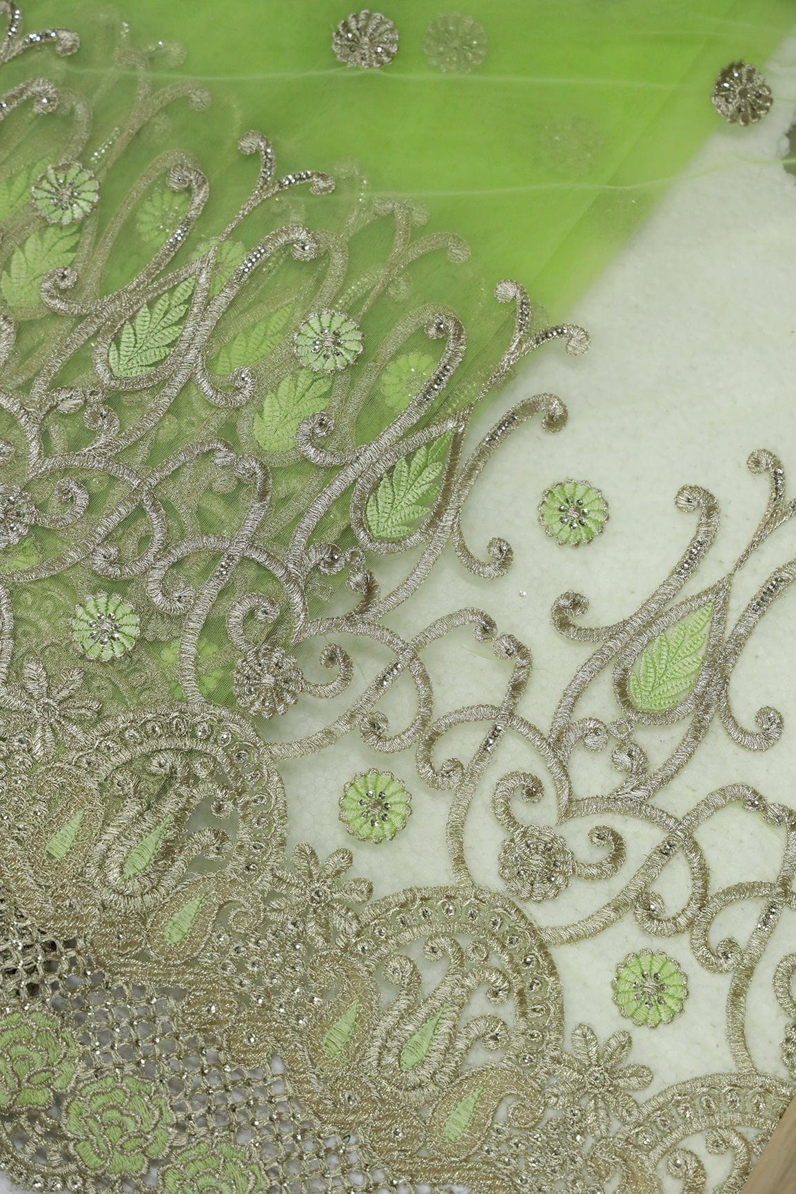 Big Width''56'' Green Thread With Zari Traditional Embroidery Work On Parrot Green Soft Net Fabric With Border - doeraa