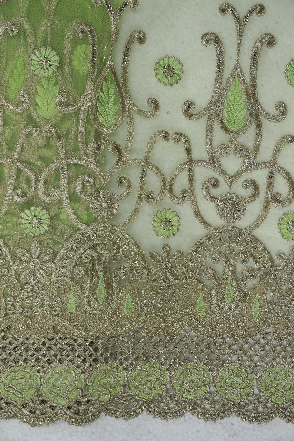 Big Width''56'' Green Thread With Zari Traditional Embroidery Work On Parrot Green Soft Net Fabric With Border - doeraa