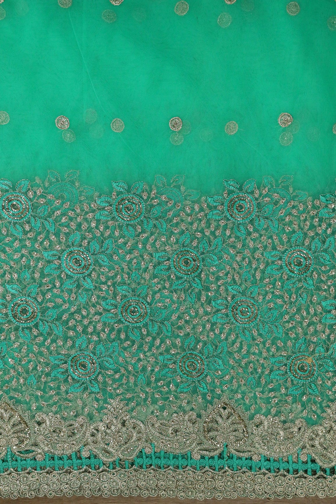 Big Width''56'' Mint Green Thread With Zari Floral Embroidery Work On Mint Green Soft Net Fabric With Border - doeraa