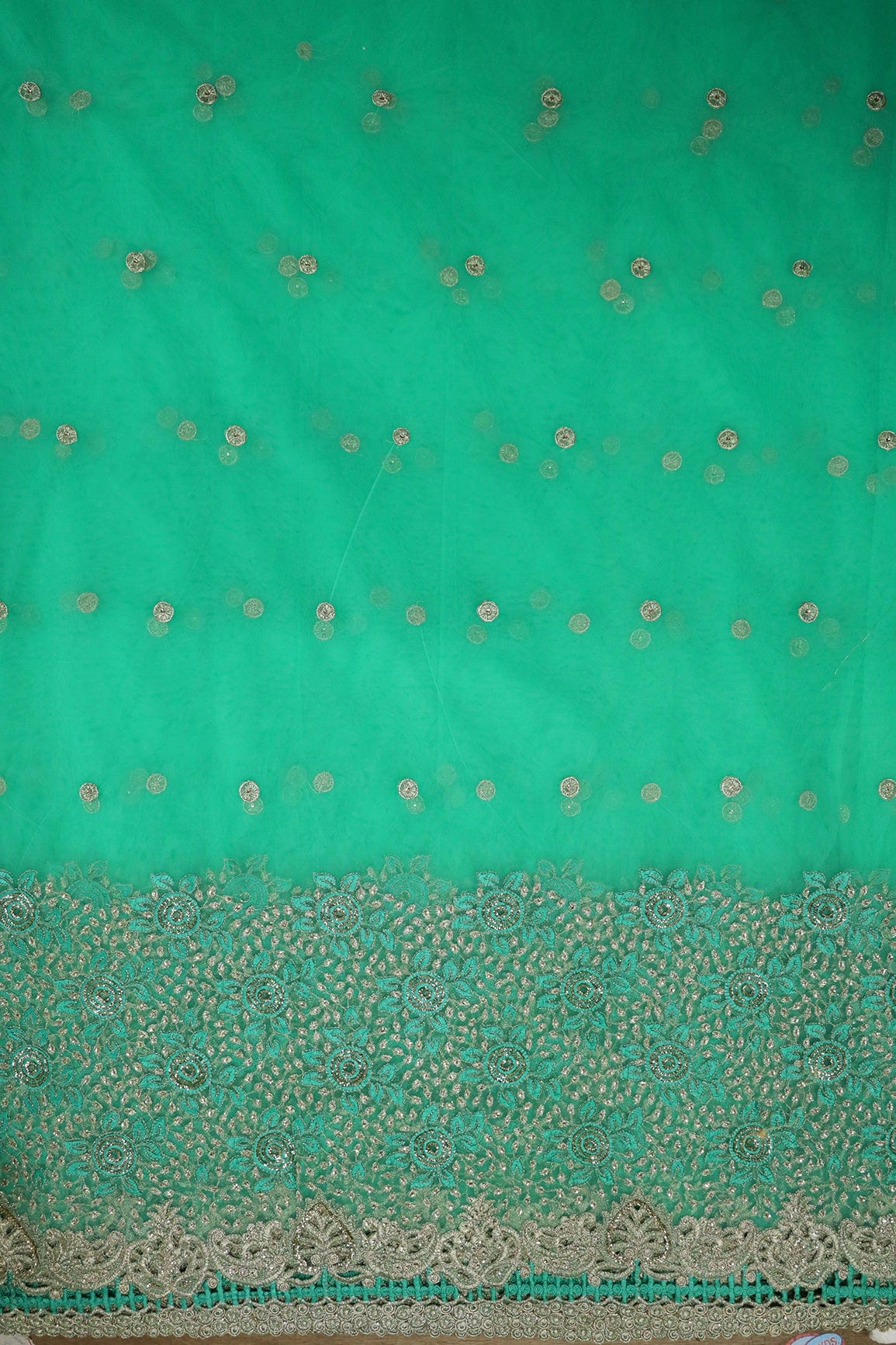 Big Width''56'' Mint Green Thread With Zari Floral Embroidery Work On Mint Green Soft Net Fabric With Border - doeraa