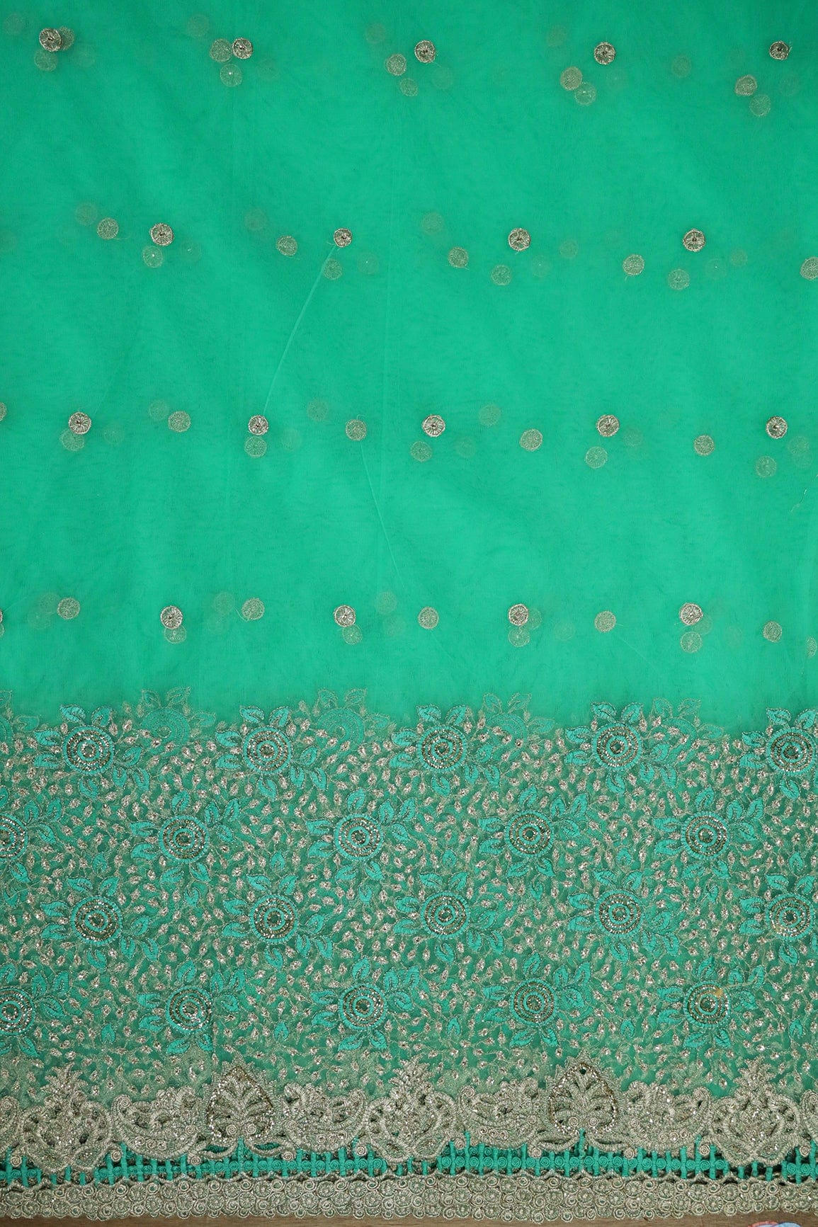 Big Width''56'' Mint Green Thread With Zari Floral Embroidery Work On Mint Green Soft Net Fabric With Border - doeraa