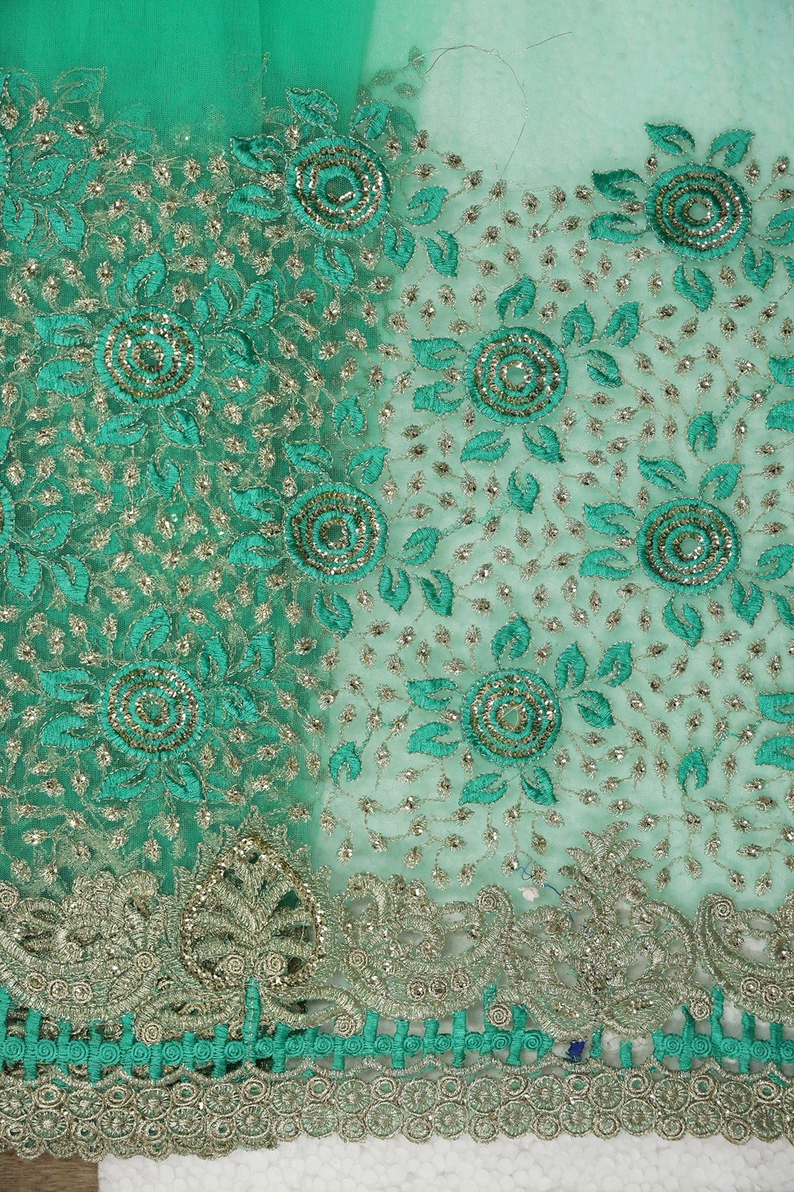 Big Width''56'' Mint Green Thread With Zari Floral Embroidery Work On Mint Green Soft Net Fabric With Border - doeraa