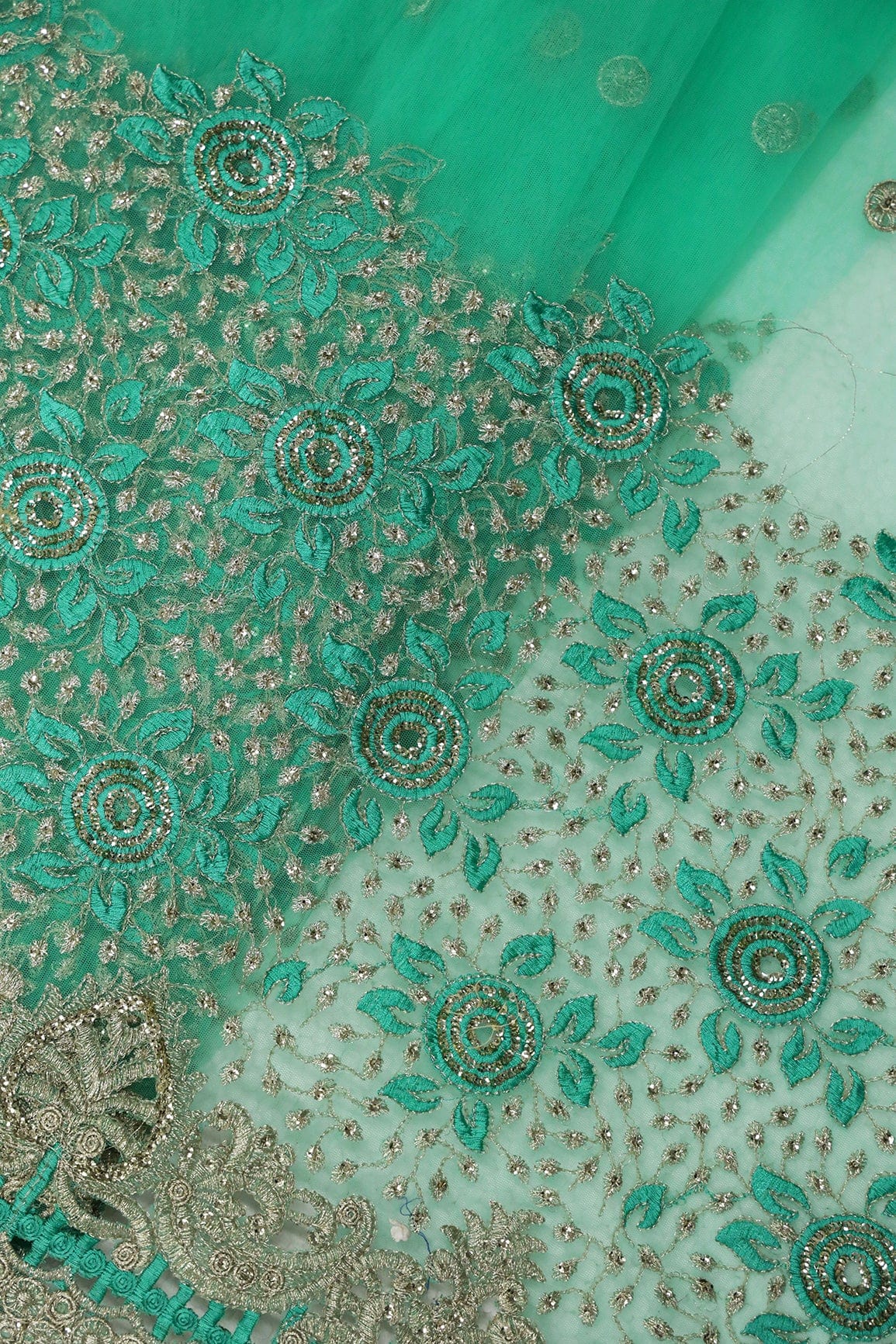 Big Width''56'' Mint Green Thread With Zari Floral Embroidery Work On Mint Green Soft Net Fabric With Border - doeraa