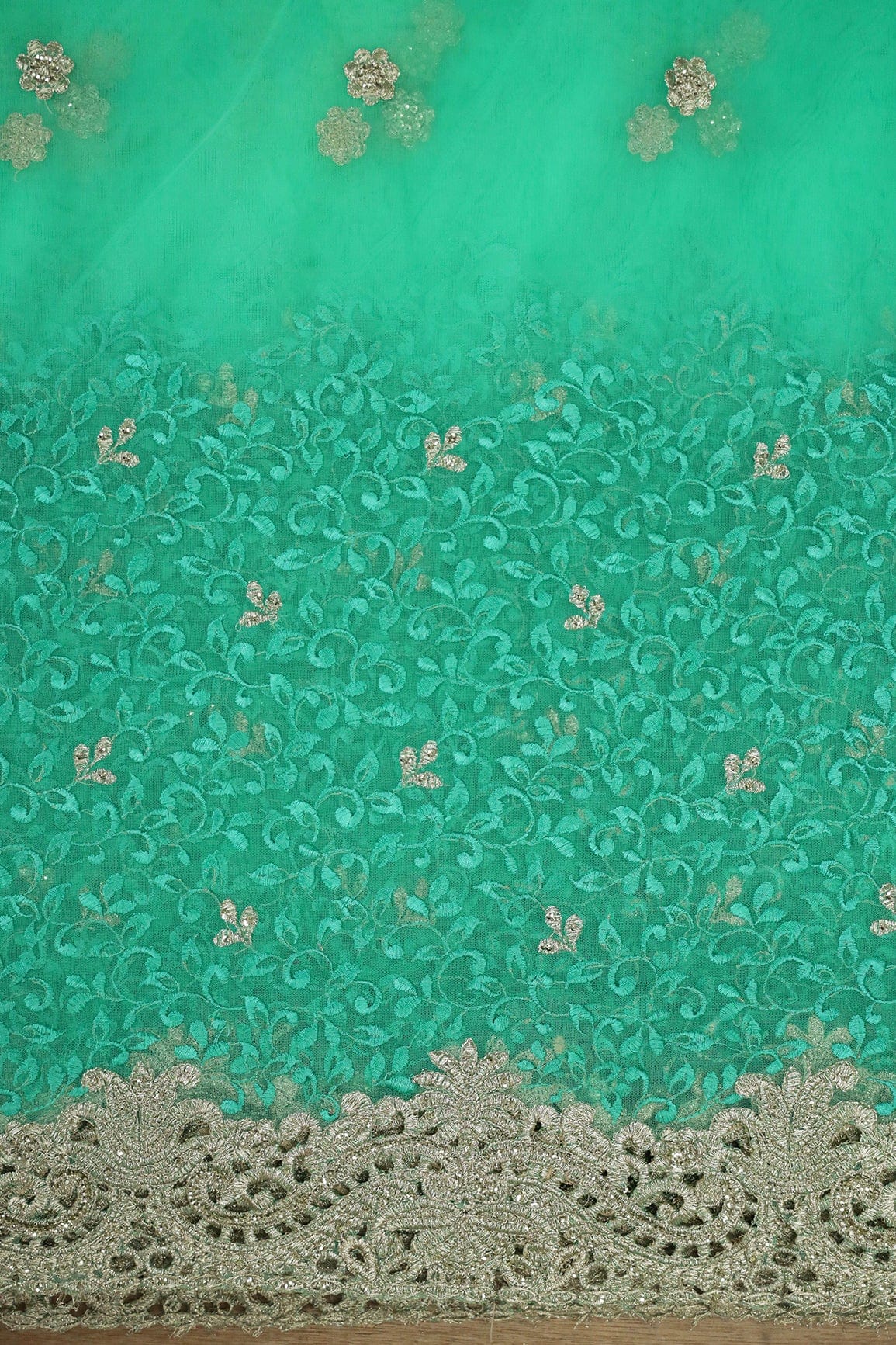 Big Width''56'' Mint Green Thread With Zari Leafy Embroidery Work On Mint Green Soft Net Fabric With Border - doeraa