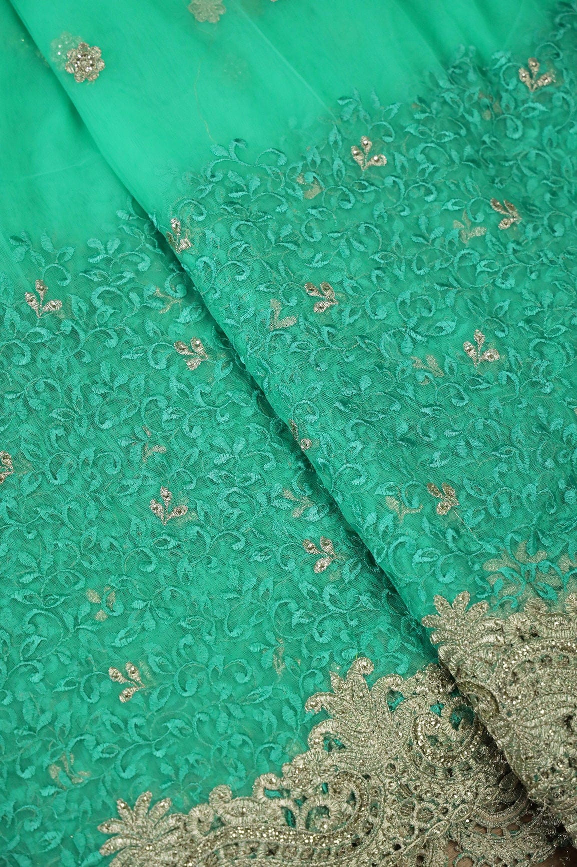 Big Width''56'' Mint Green Thread With Zari Leafy Embroidery Work On Mint Green Soft Net Fabric With Border - doeraa