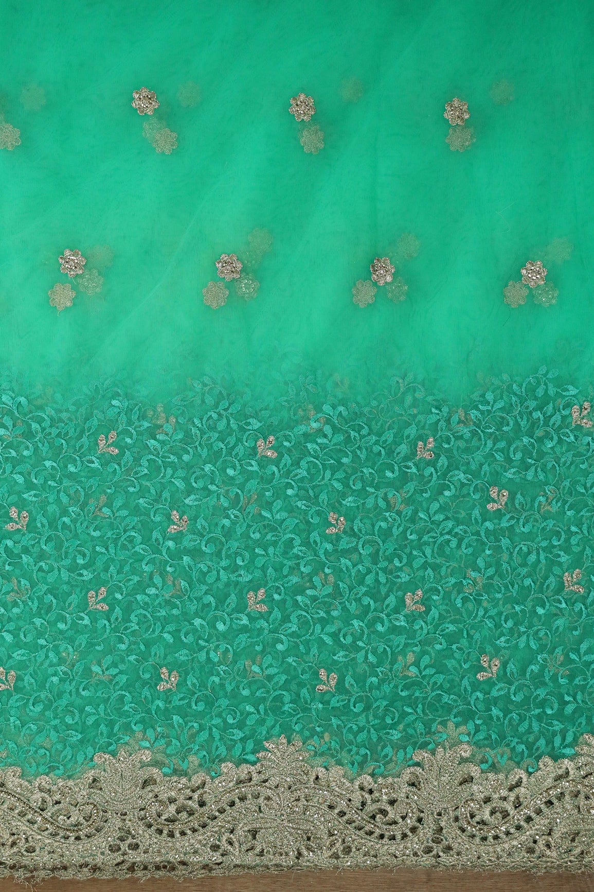 Big Width''56'' Mint Green Thread With Zari Leafy Embroidery Work On Mint Green Soft Net Fabric With Border - doeraa