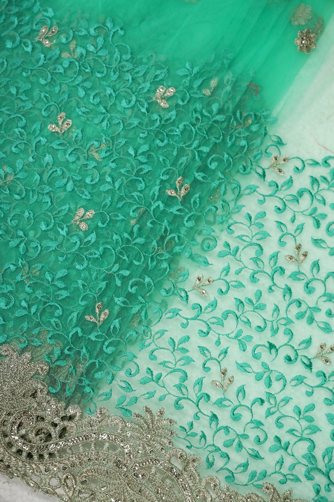 Big Width''56'' Mint Green Thread With Zari Leafy Embroidery Work On Mint Green Soft Net Fabric With Border - doeraa