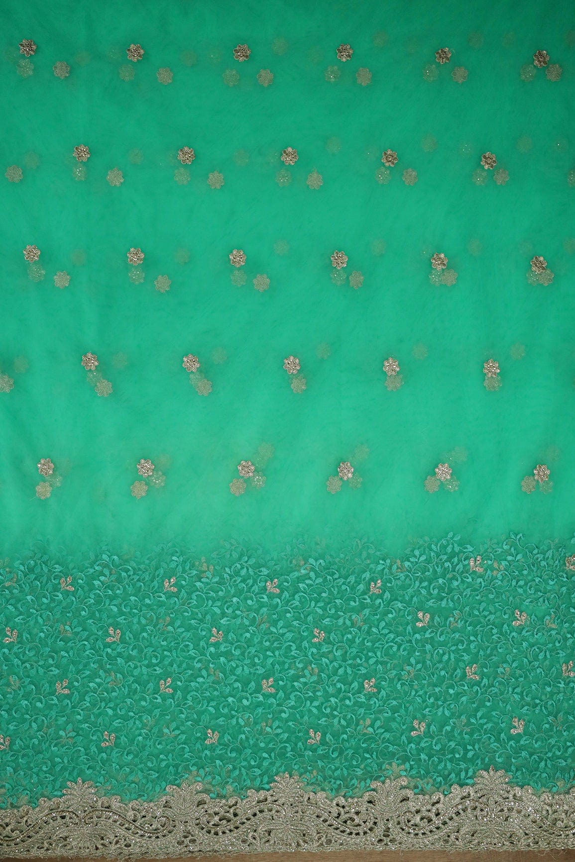 Big Width''56'' Mint Green Thread With Zari Leafy Embroidery Work On Mint Green Soft Net Fabric With Border - doeraa